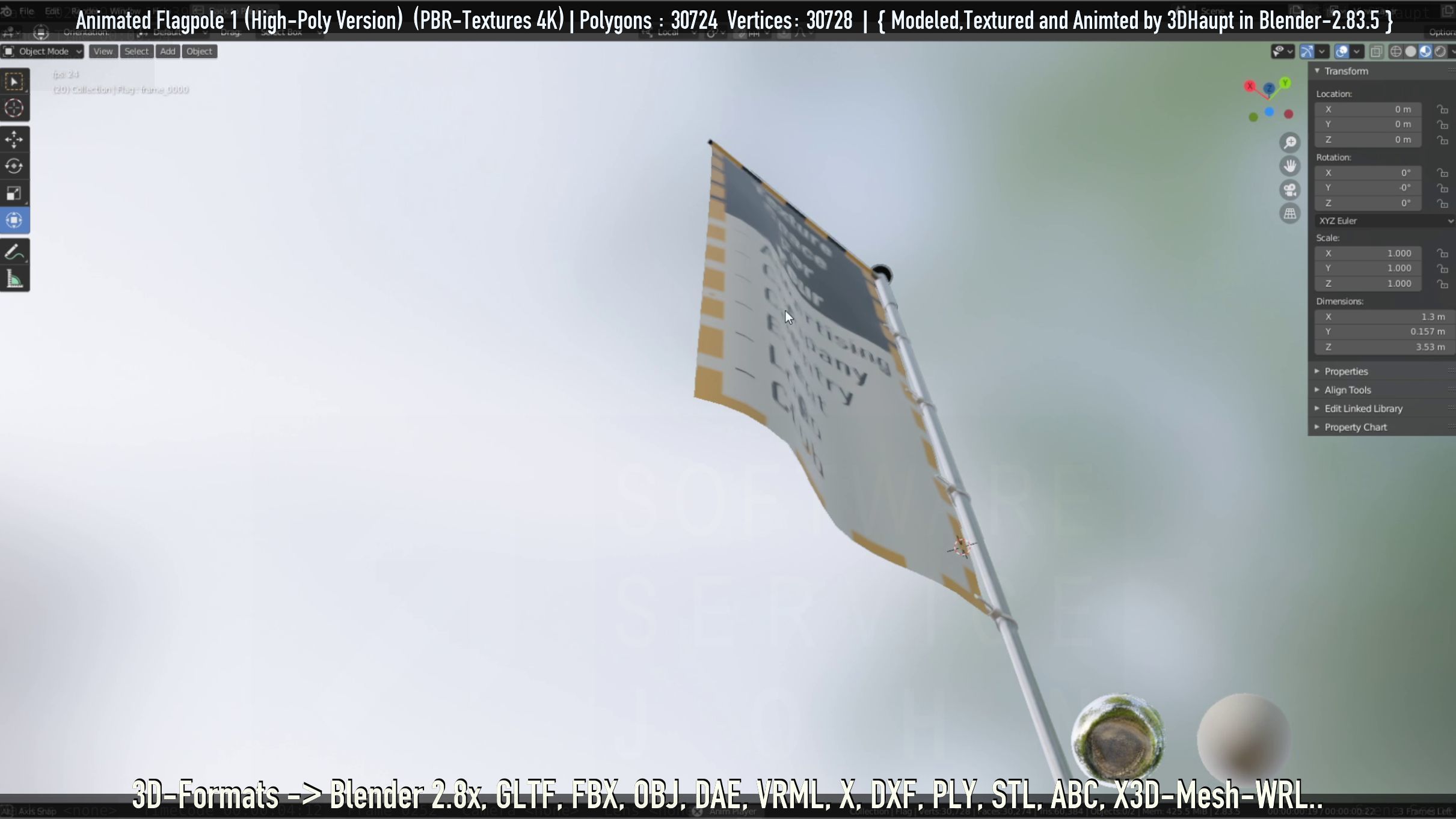 Animated Flag with Pole -1- High-Poly Version 3D model_73