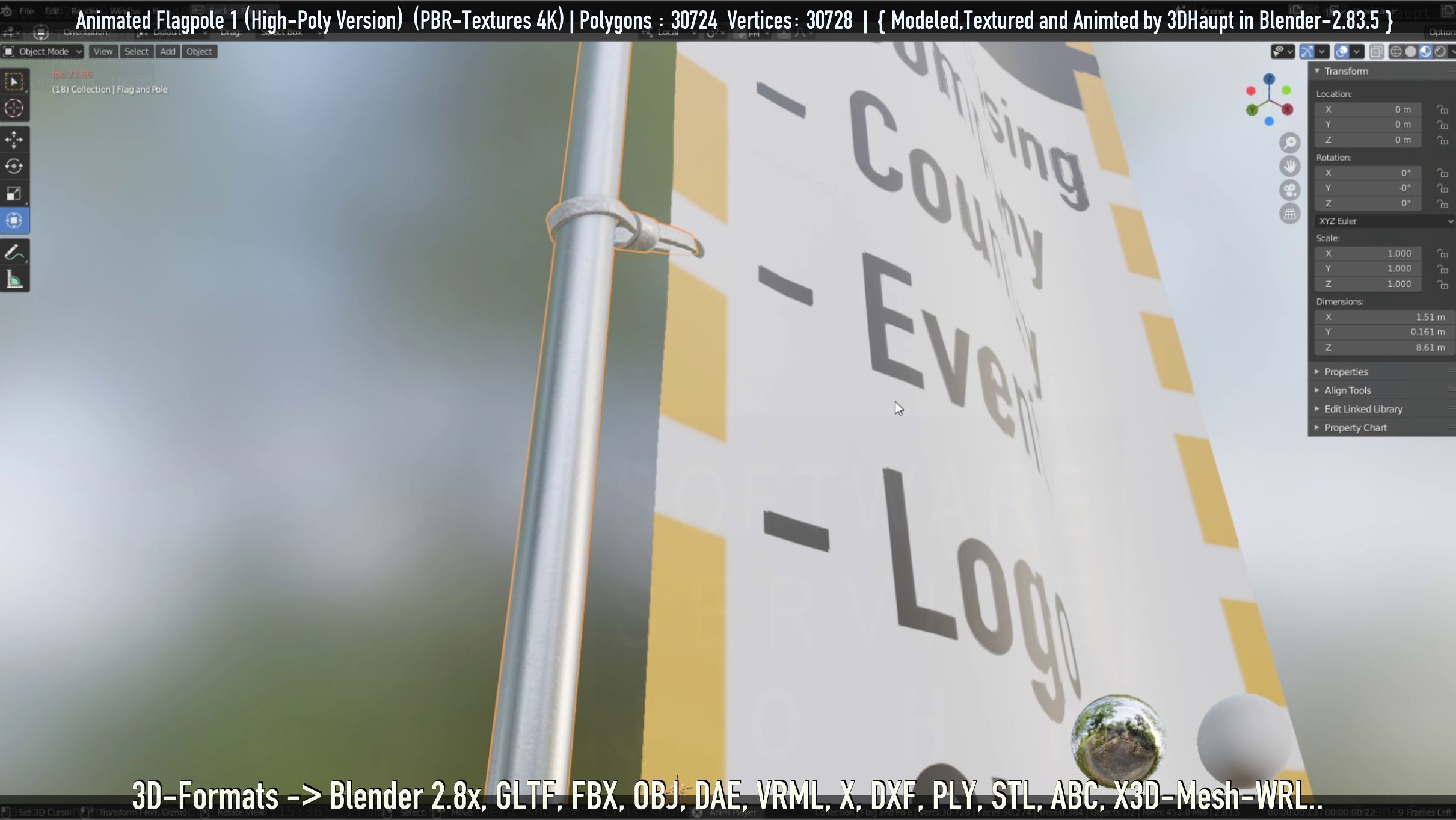 Animated Flag with Pole -1- High-Poly Version 3D model_37