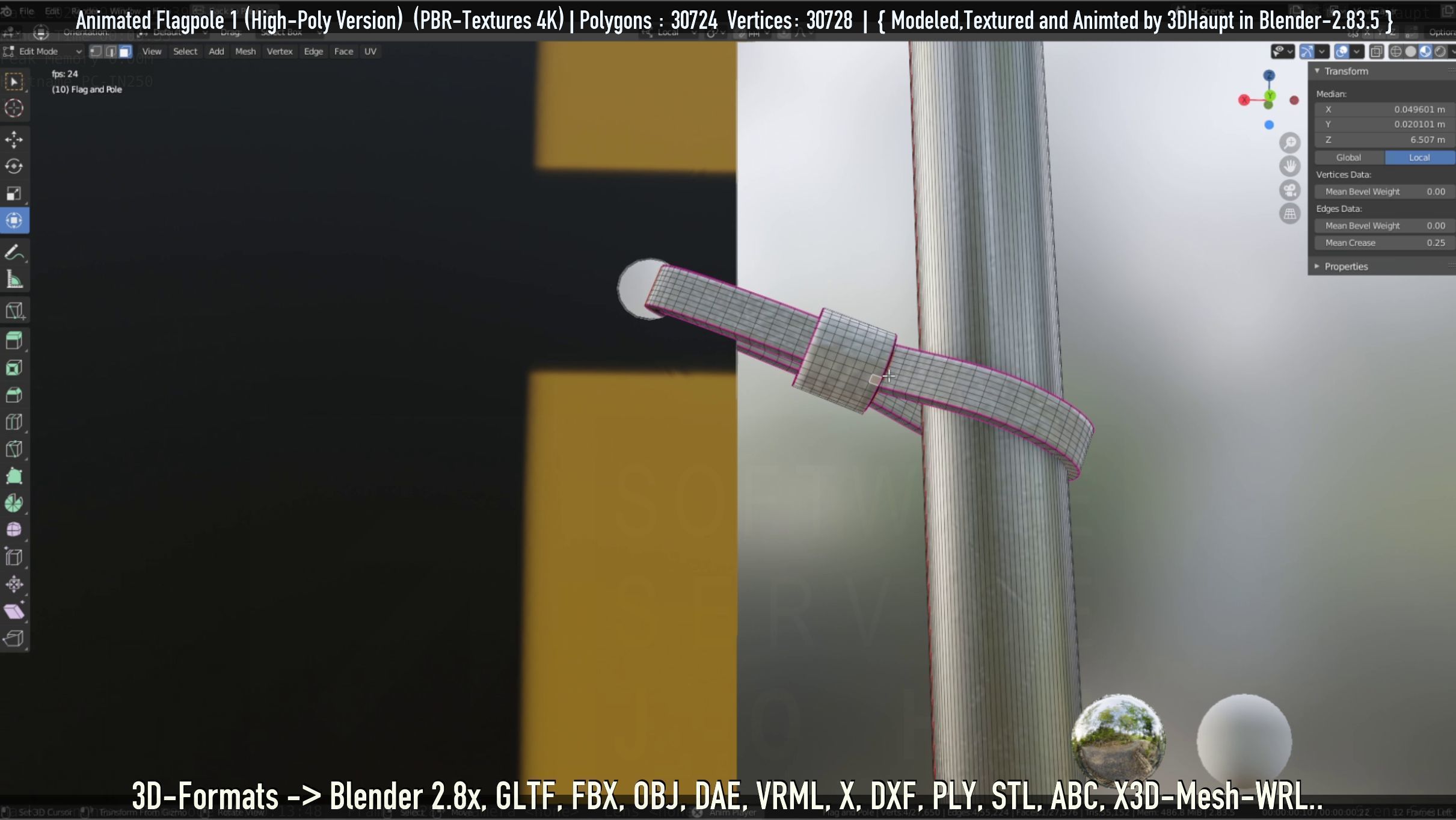 Animated Flag with Pole -1- High-Poly Version 3D model_55