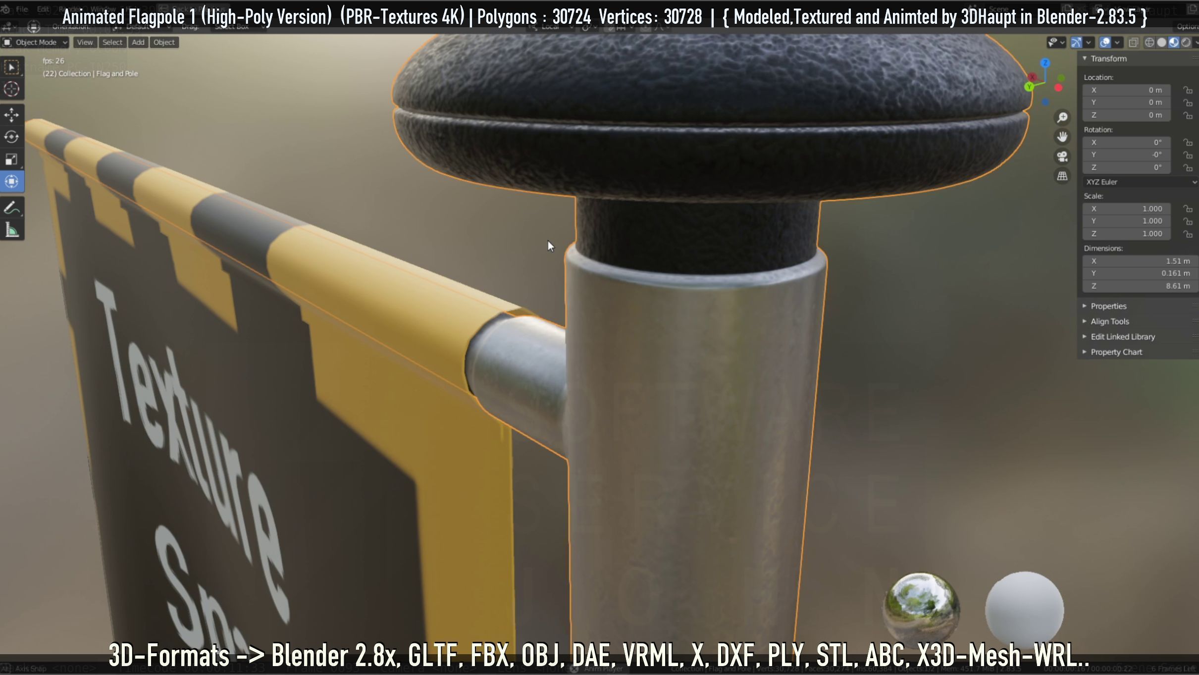 Animated Flag with Pole -1- High-Poly Version 3D model_41