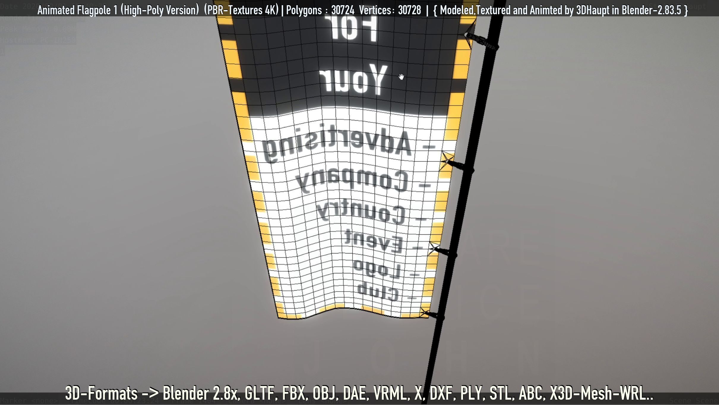 Animated Flag with Pole -1- High-Poly Version 3D model_14