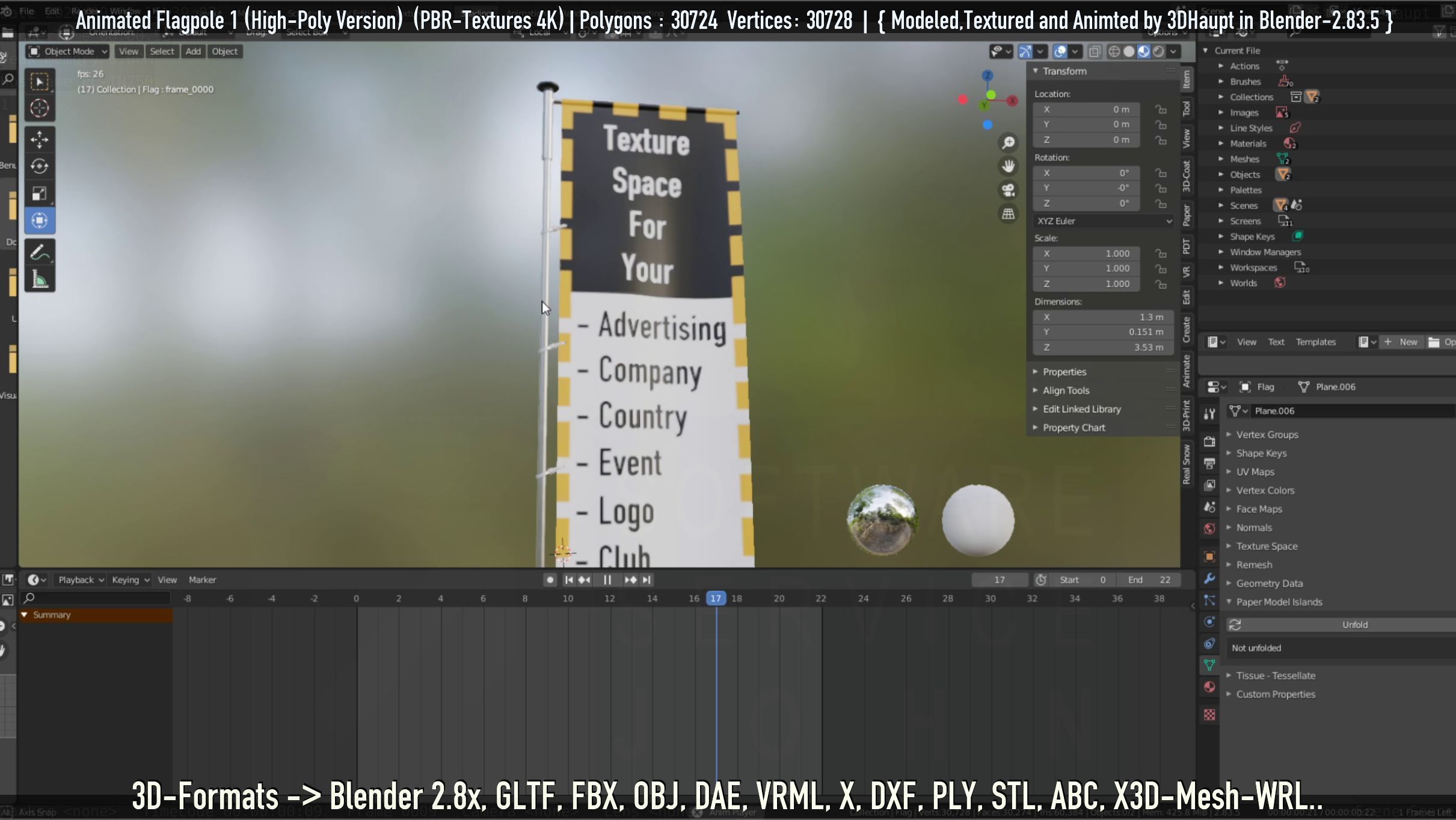 Animated Flag with Pole -1- High-Poly Version 3D model_74