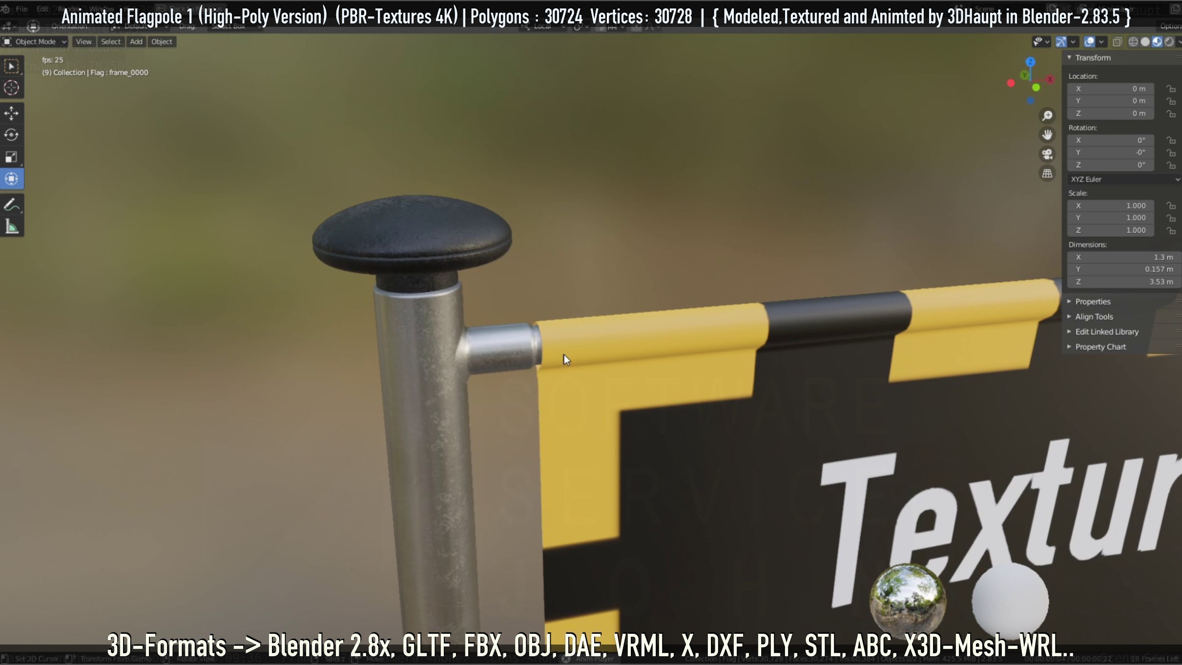 Animated Flag with Pole -1- High-Poly Version 3D model_27