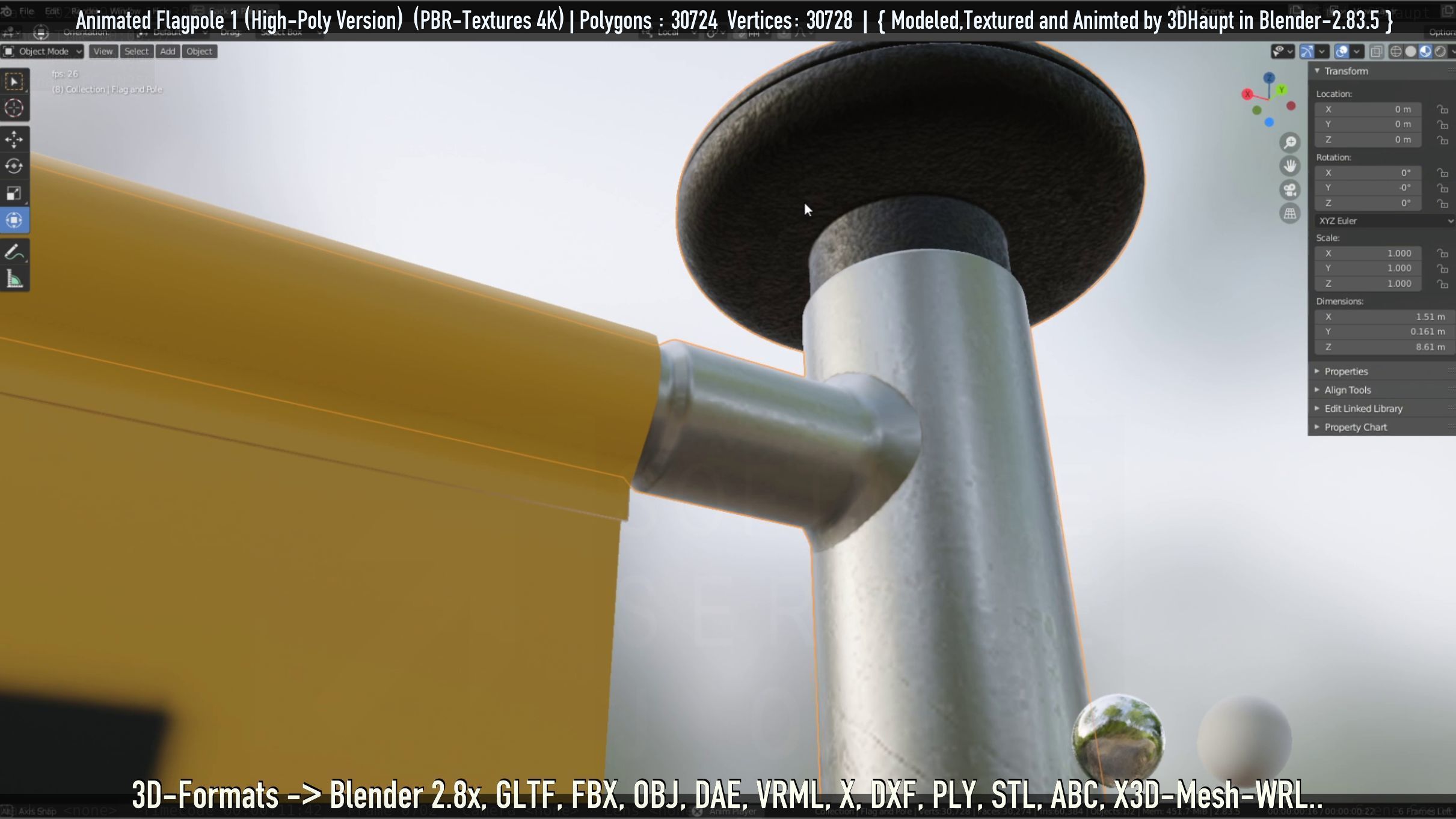 Animated Flag with Pole -1- High-Poly Version 3D model_40