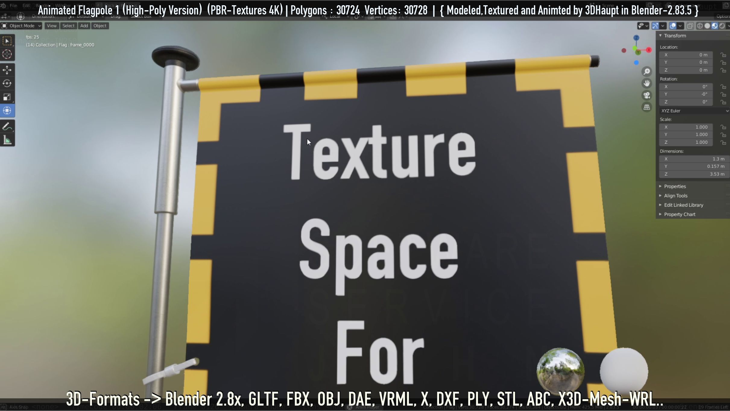 Animated Flag with Pole -1- High-Poly Version 3D model_18