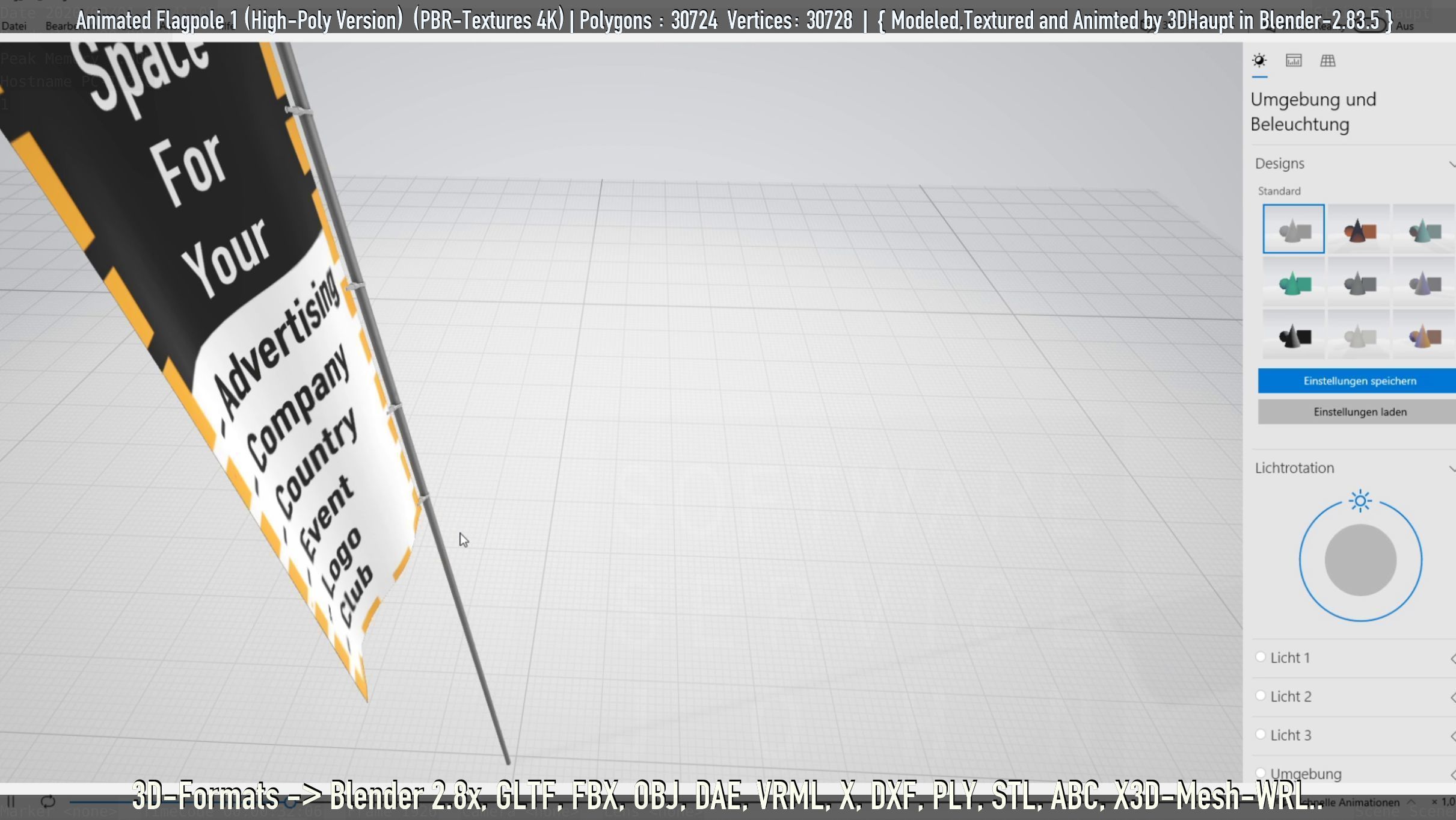 Animated Flag with Pole -1- High-Poly Version 3D model_19