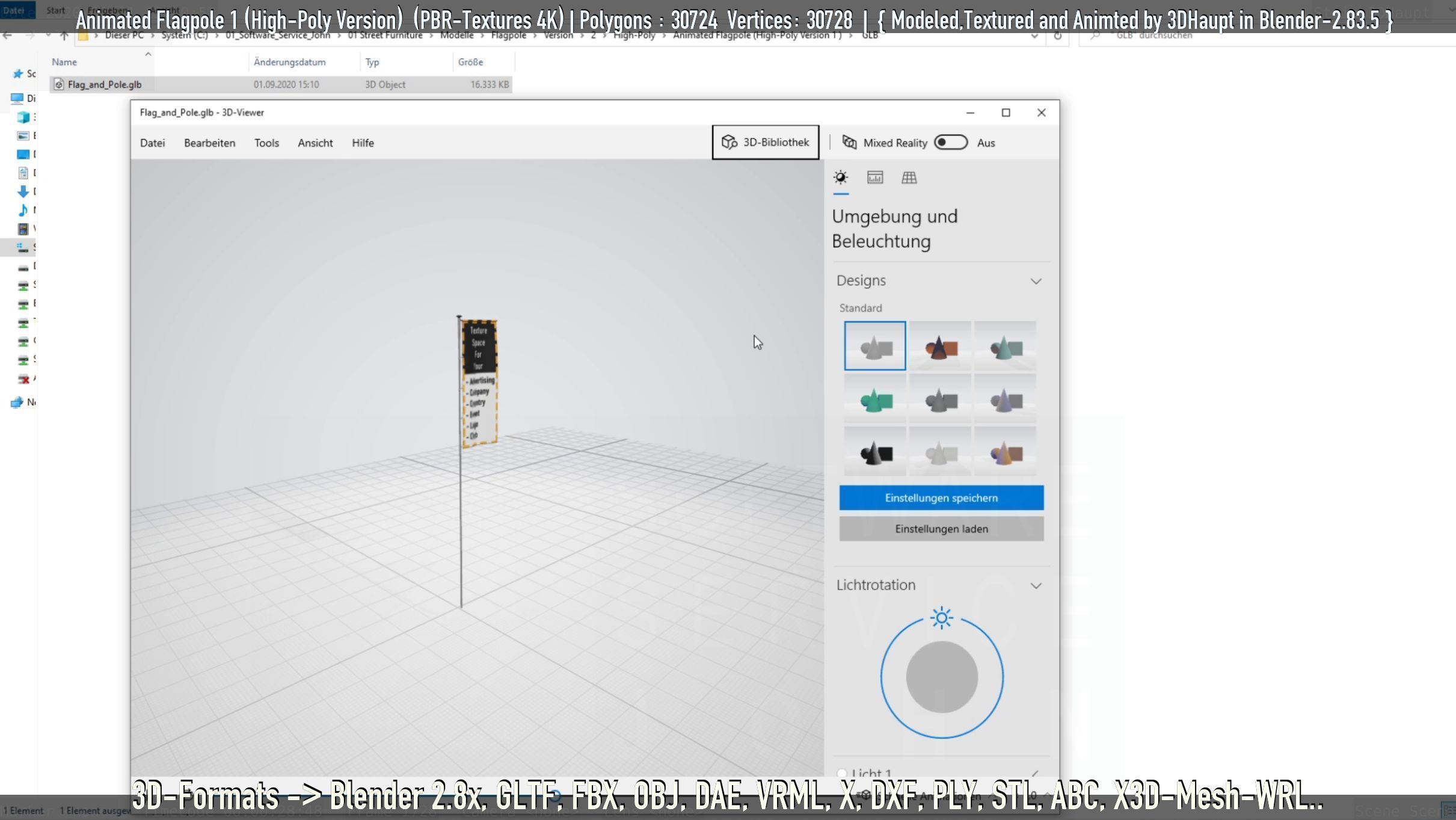 Animated Flag with Pole -1- High-Poly Version 3D model_25
