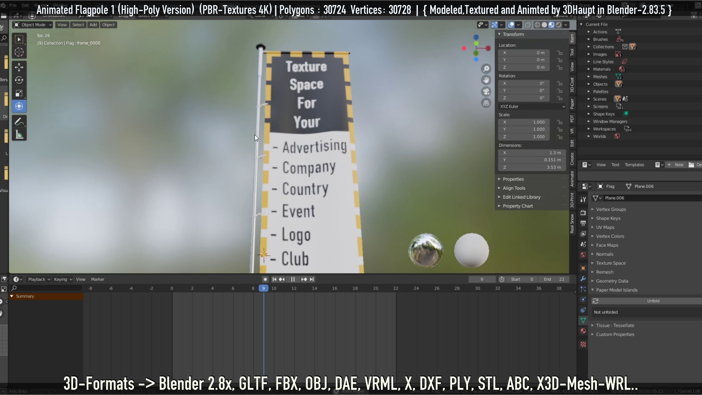 Animated Flag with Pole -1- High-Poly Version 3D model_50