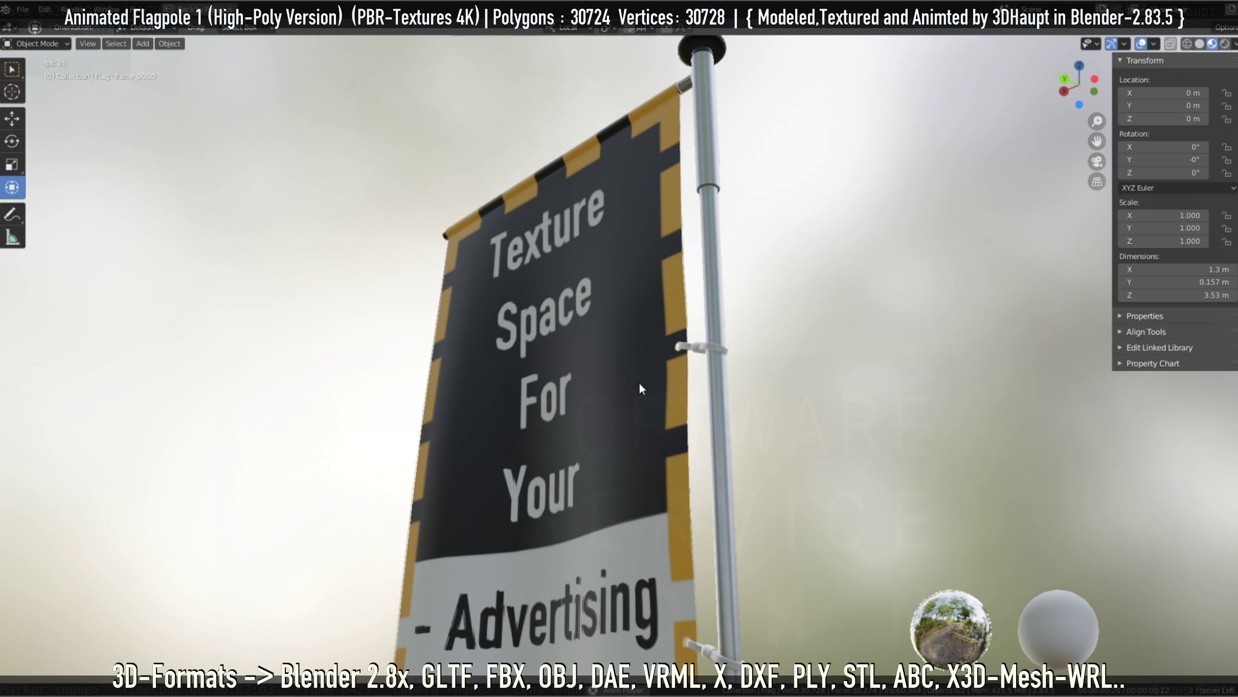 Animated Flag with Pole -1- High-Poly Version 3D model_10