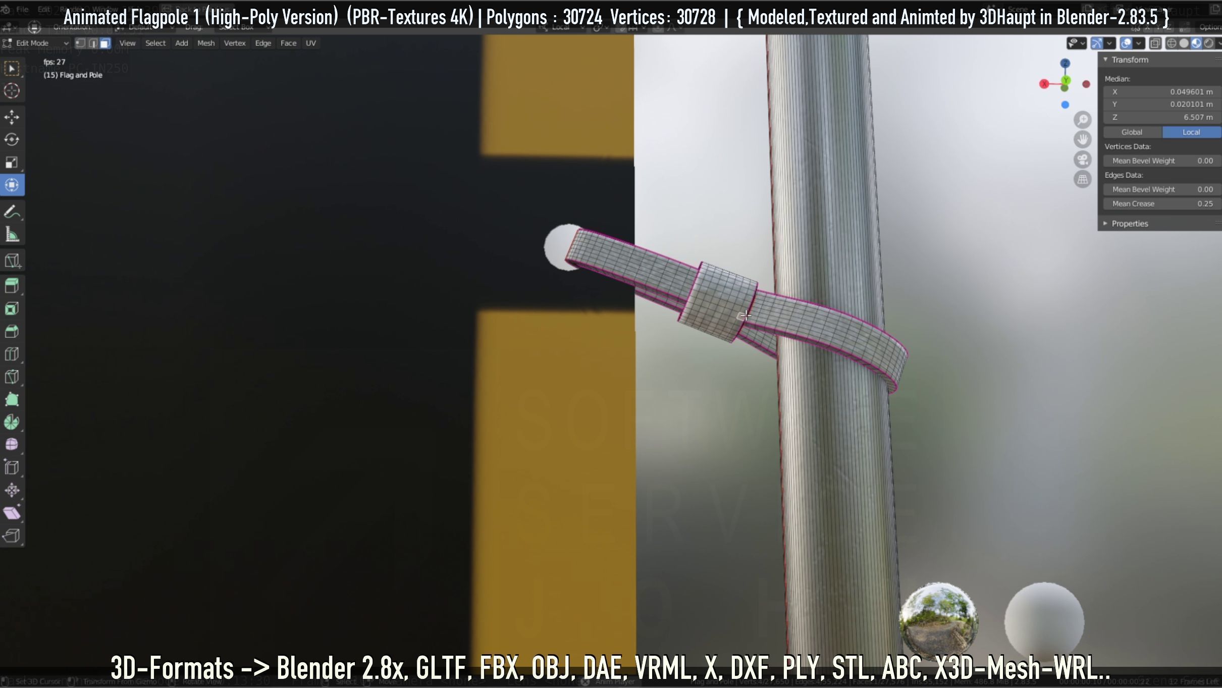 Animated Flag with Pole -1- High-Poly Version 3D model_24