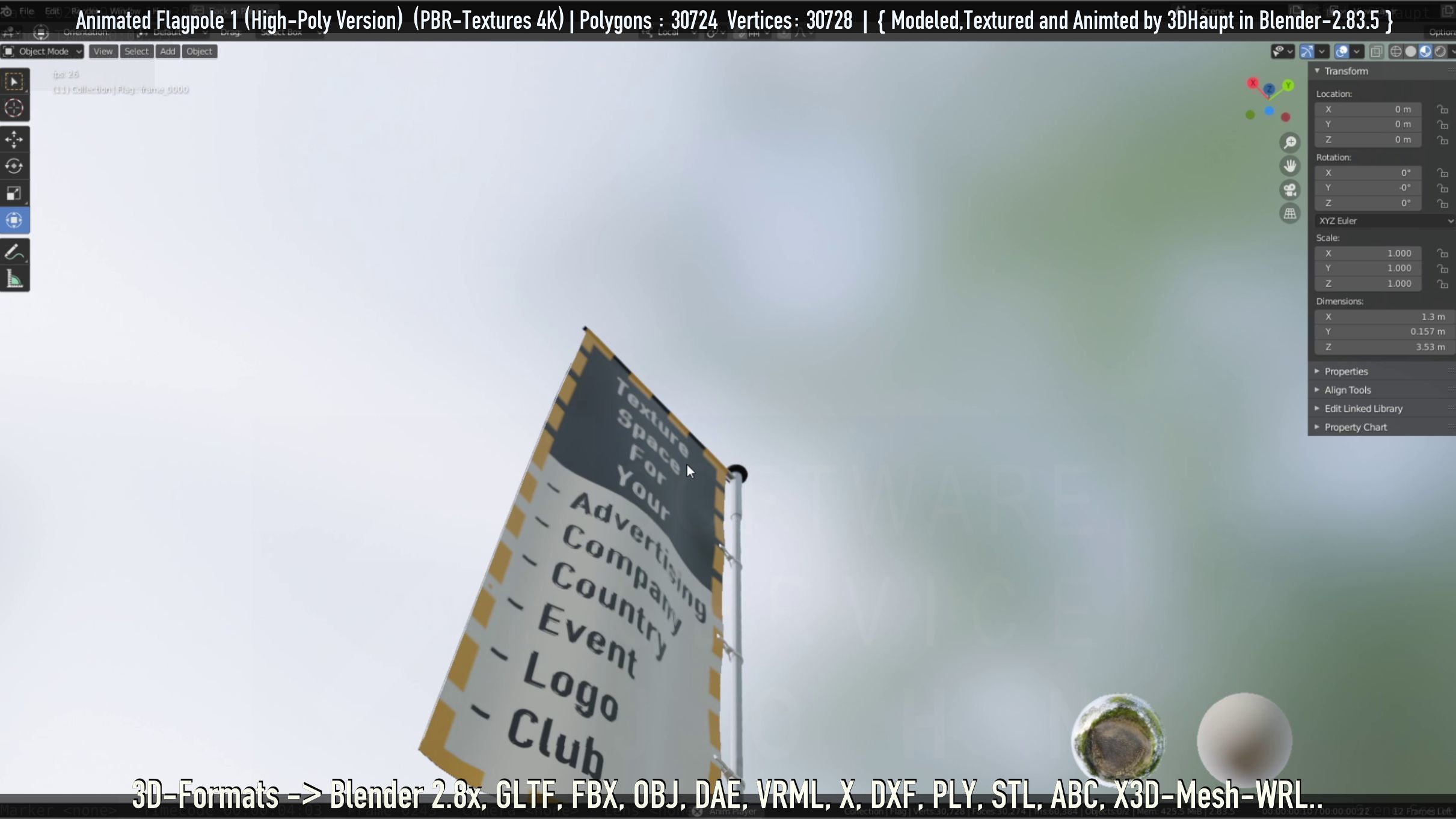 Animated Flag with Pole -1- High-Poly Version 3D model_35