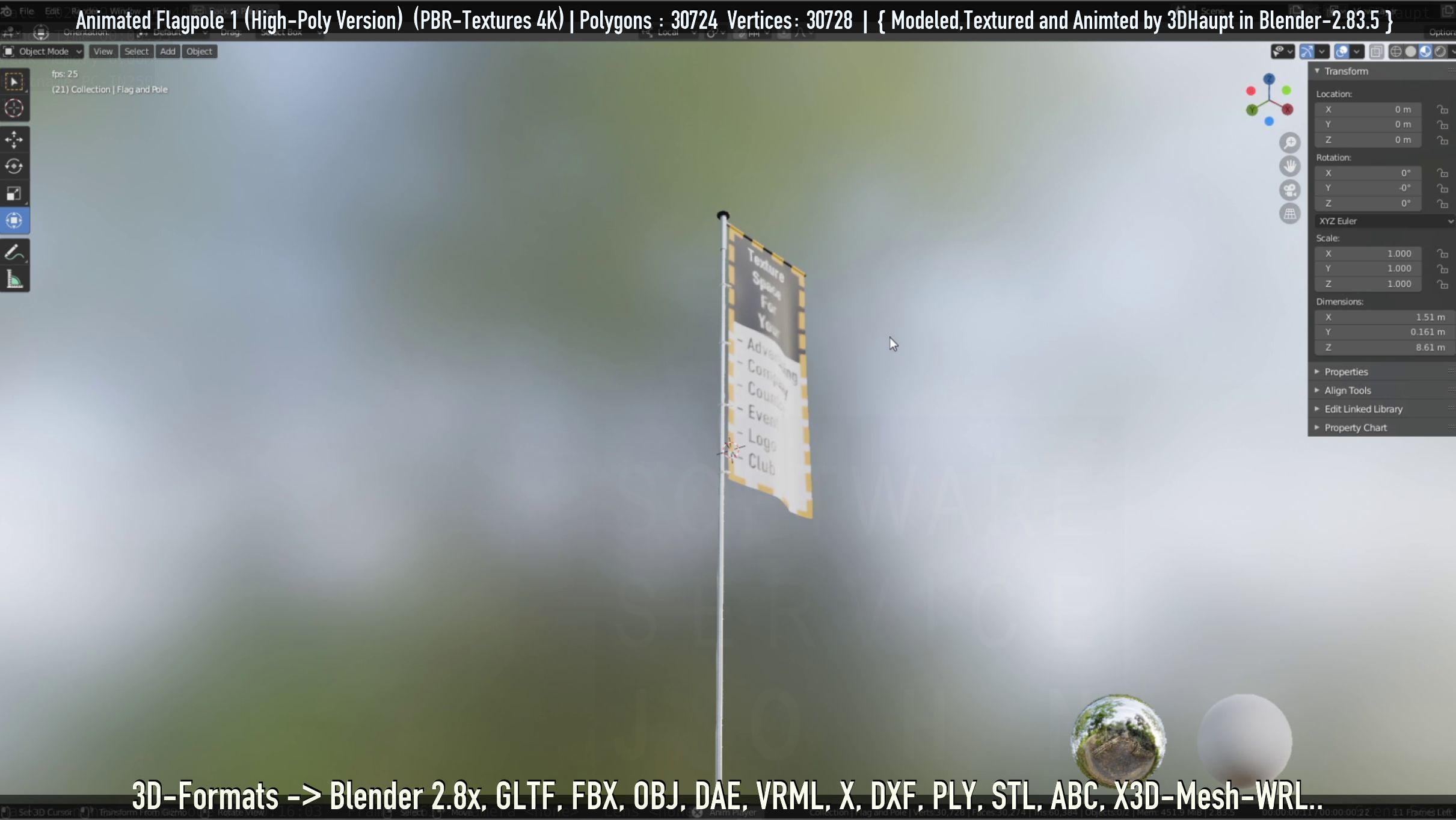 Animated Flag with Pole -1- High-Poly Version 3D model_17