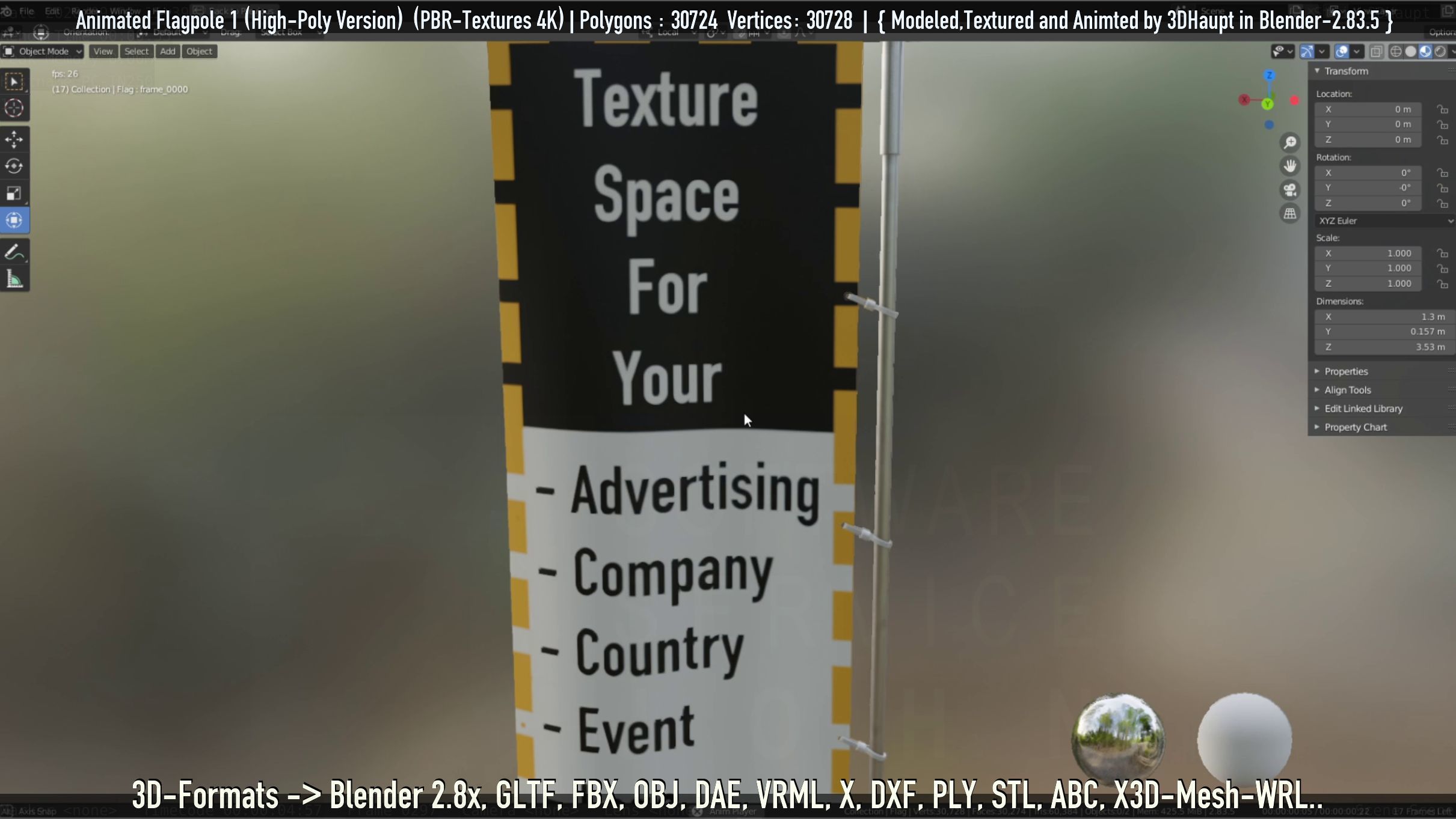 Animated Flag with Pole -1- High-Poly Version 3D model_75