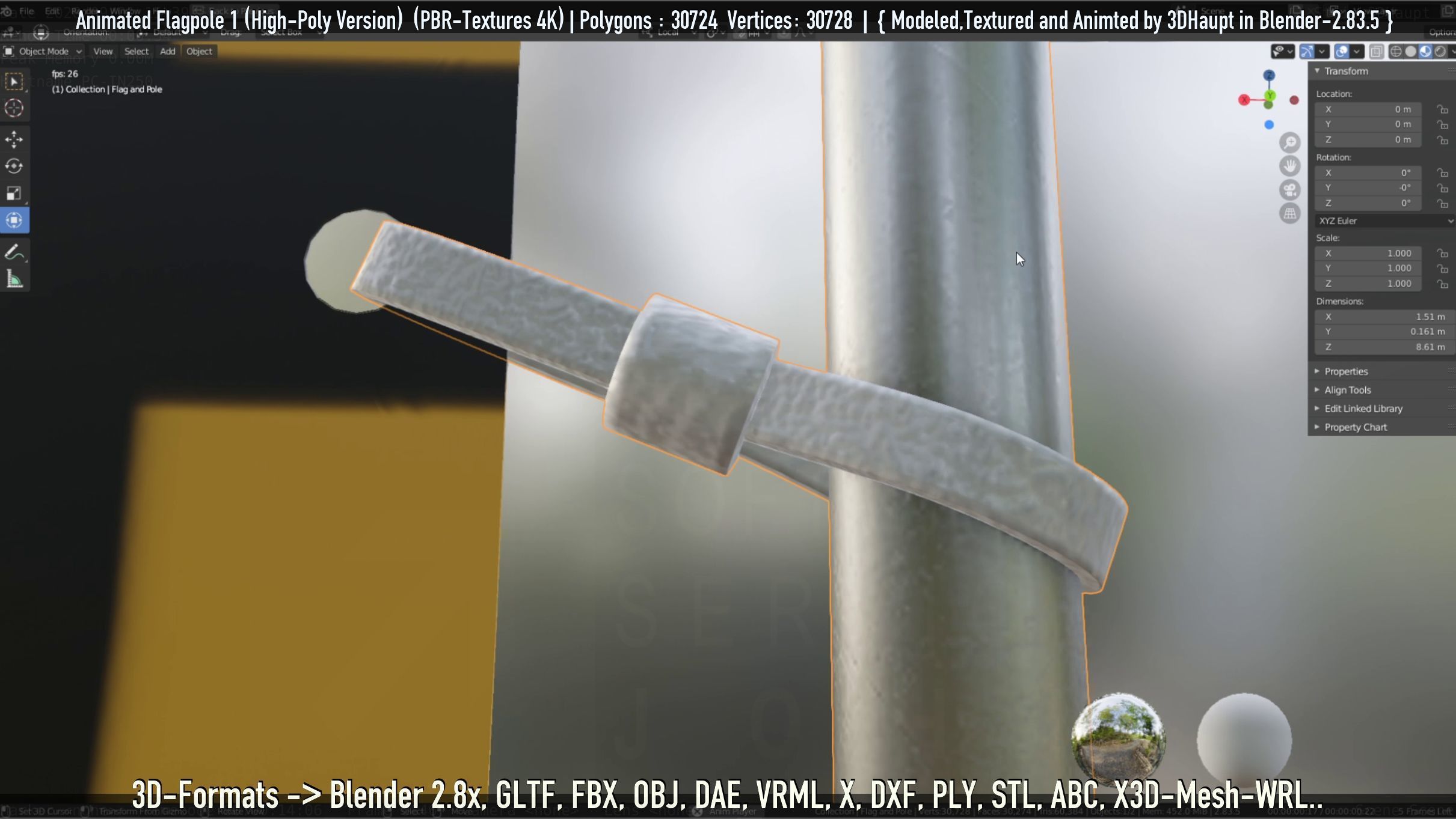 Animated Flag with Pole -1- High-Poly Version 3D model_29