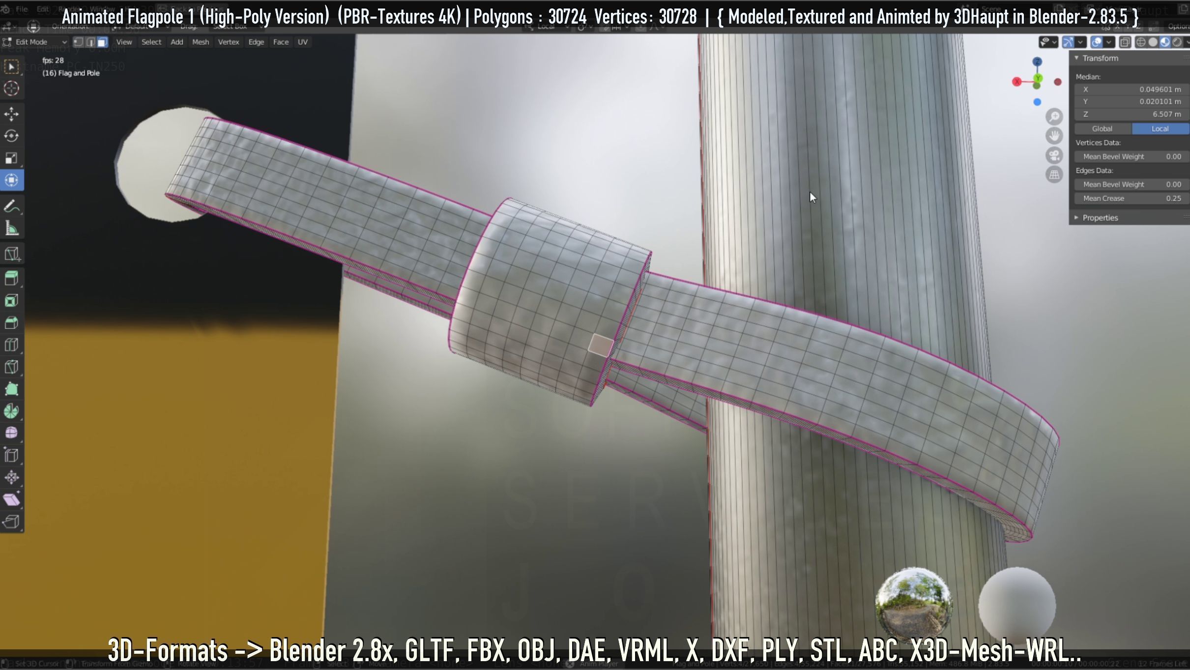 Animated Flag with Pole -1- High-Poly Version 3D model_36