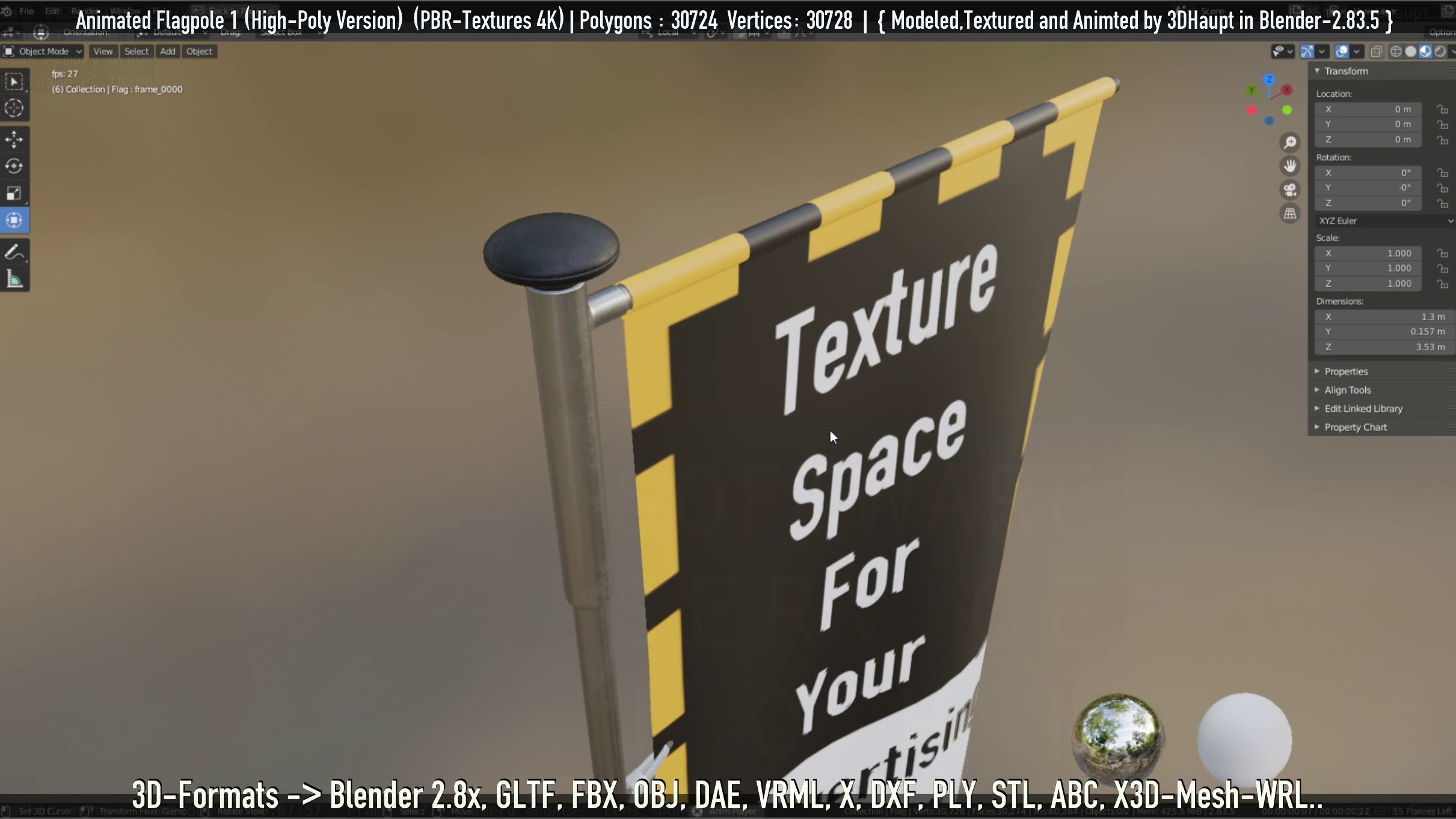 Animated Flag with Pole -1- High-Poly Version 3D model_48