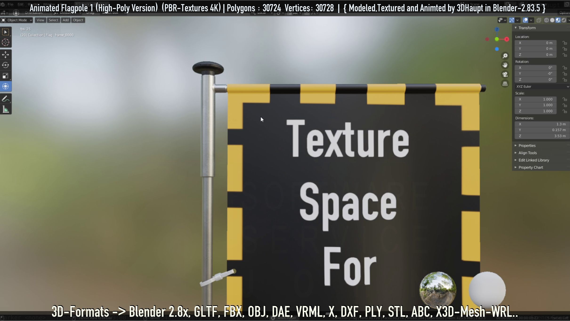 Animated Flag with Pole -1- High-Poly Version 3D model_60