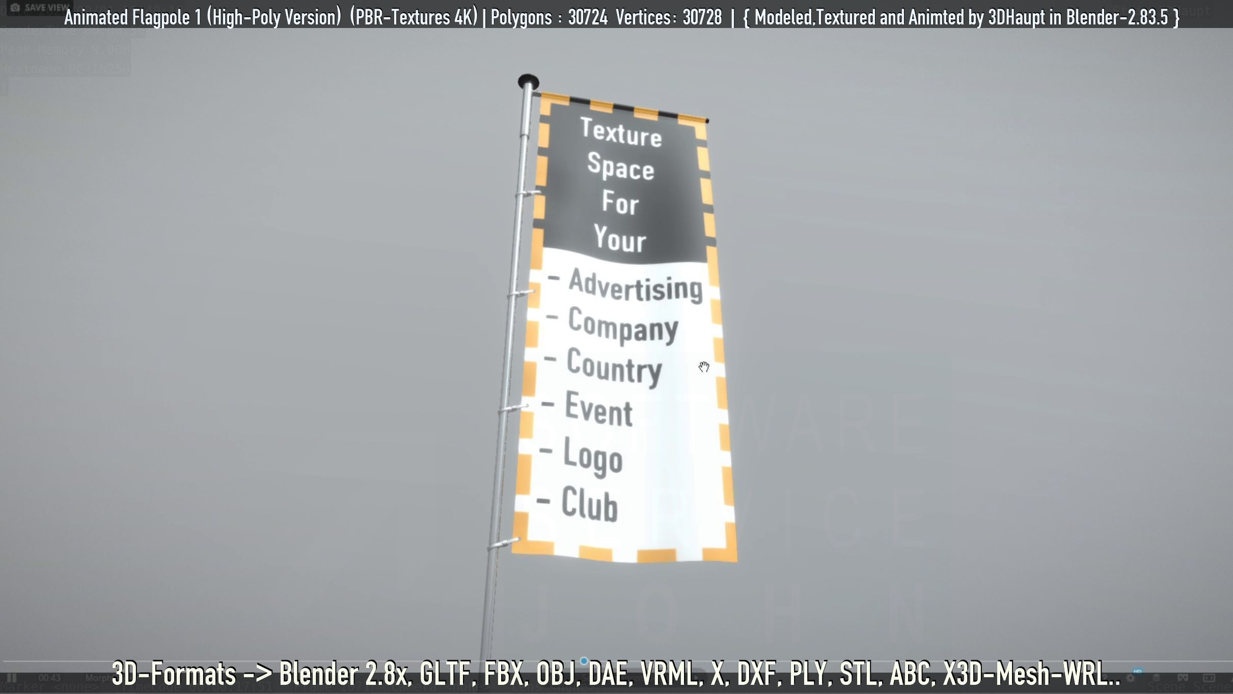 Animated Flag with Pole -1- High-Poly Version 3D model_61