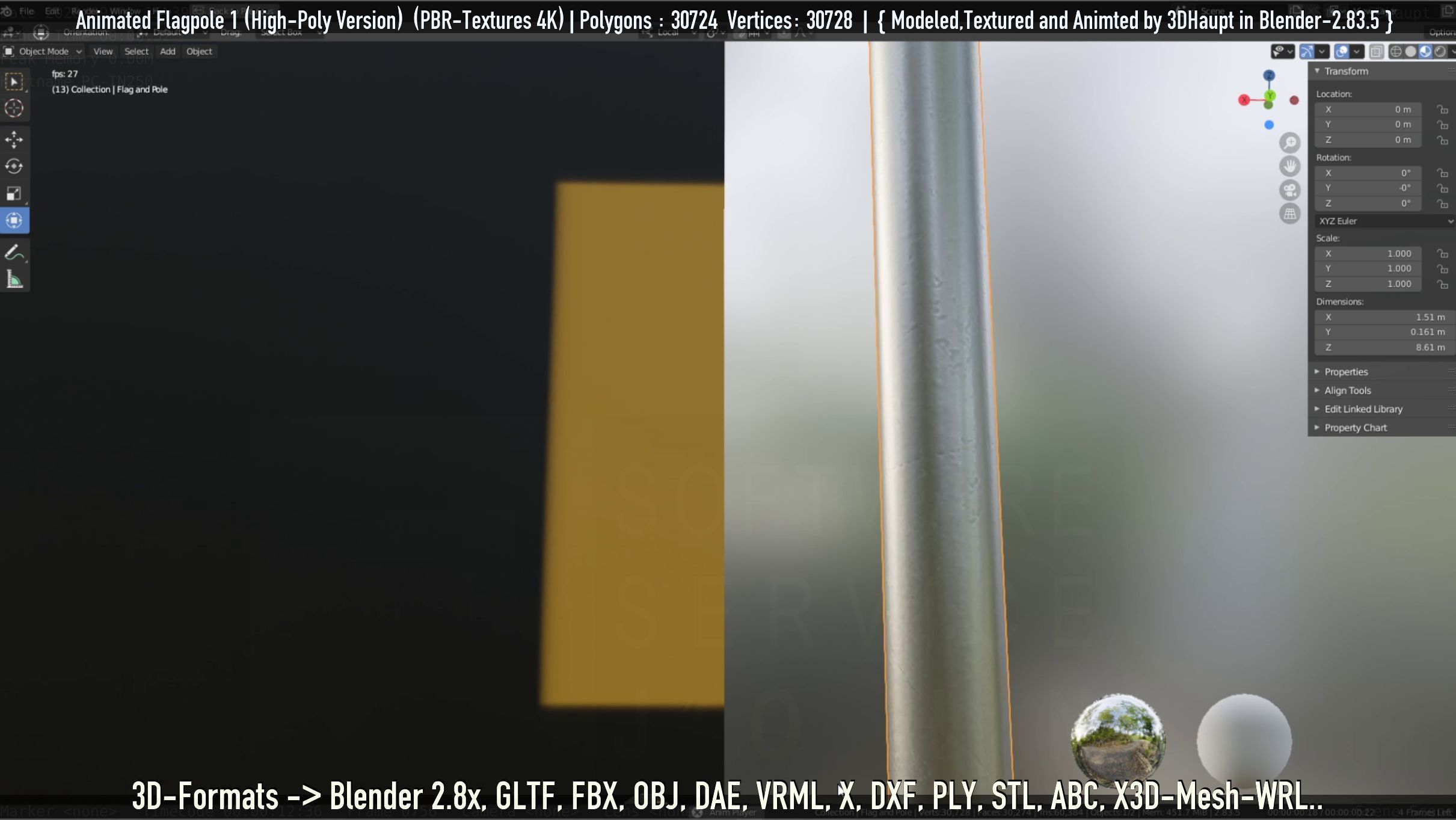 Animated Flag with Pole -1- High-Poly Version 3D model_23