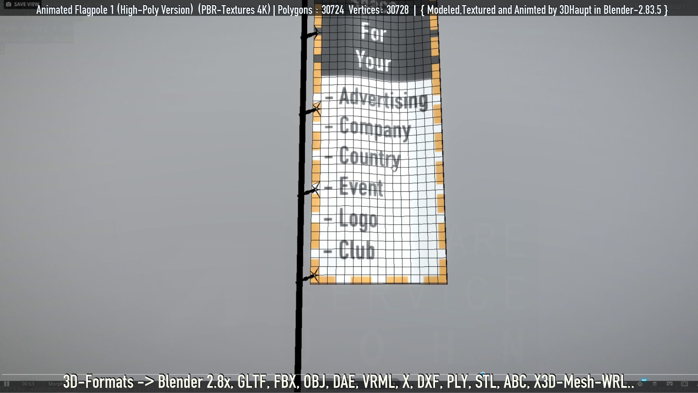 Animated Flag with Pole -1- High-Poly Version 3D model_47