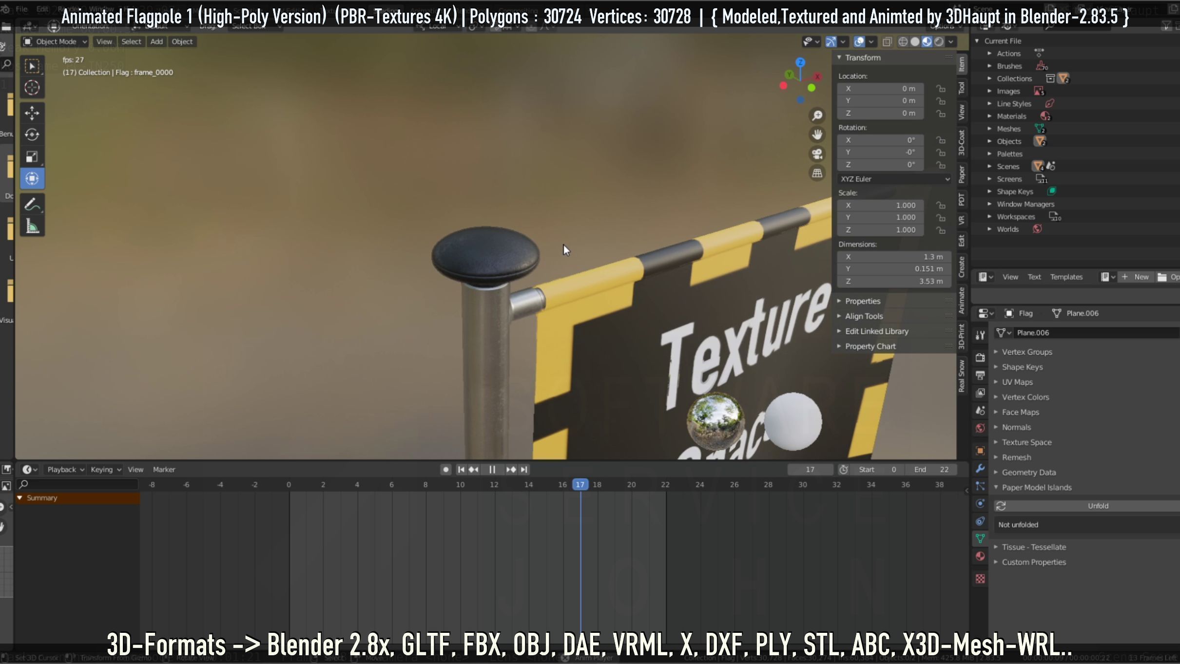 Animated Flag with Pole -1- High-Poly Version 3D model_69