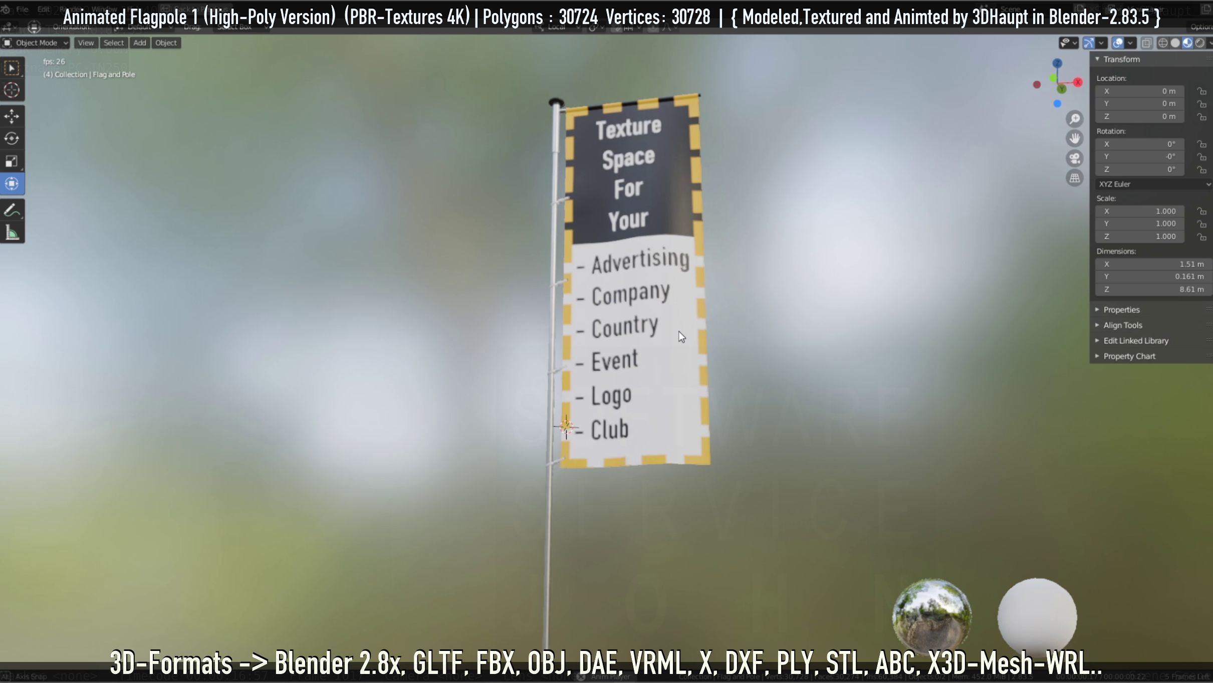 Animated Flag with Pole -1- High-Poly Version 3D model_28