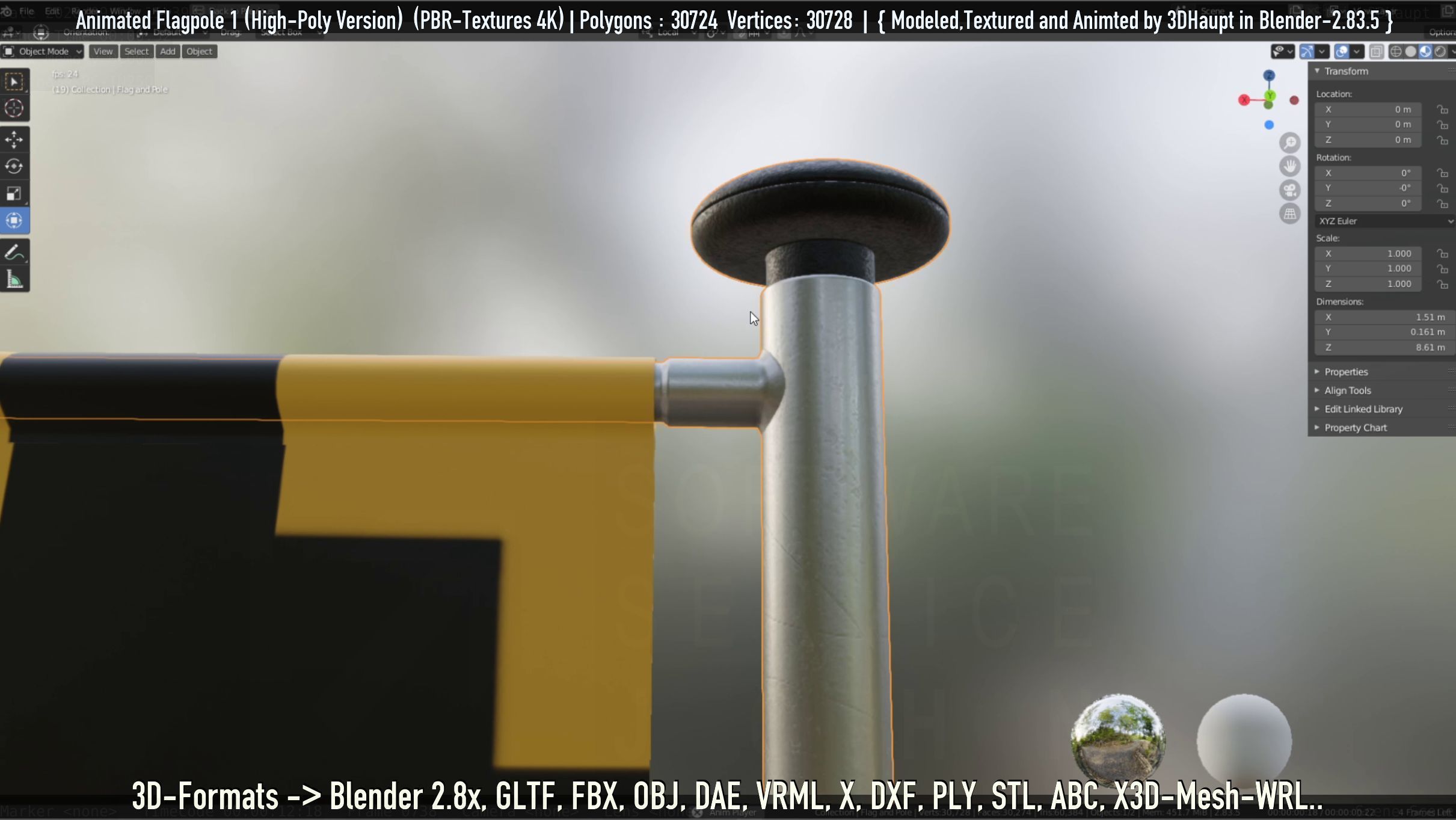 Animated Flag with Pole -1- High-Poly Version 3D model_62