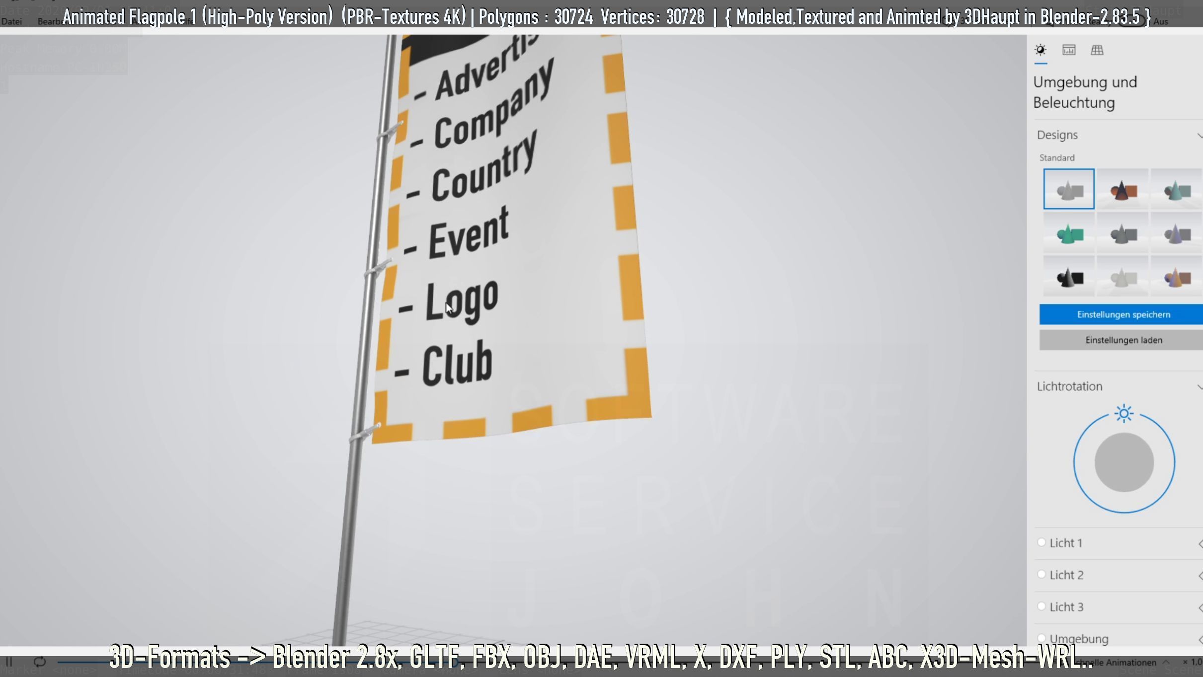 Animated Flag with Pole -1- High-Poly Version 3D model_11