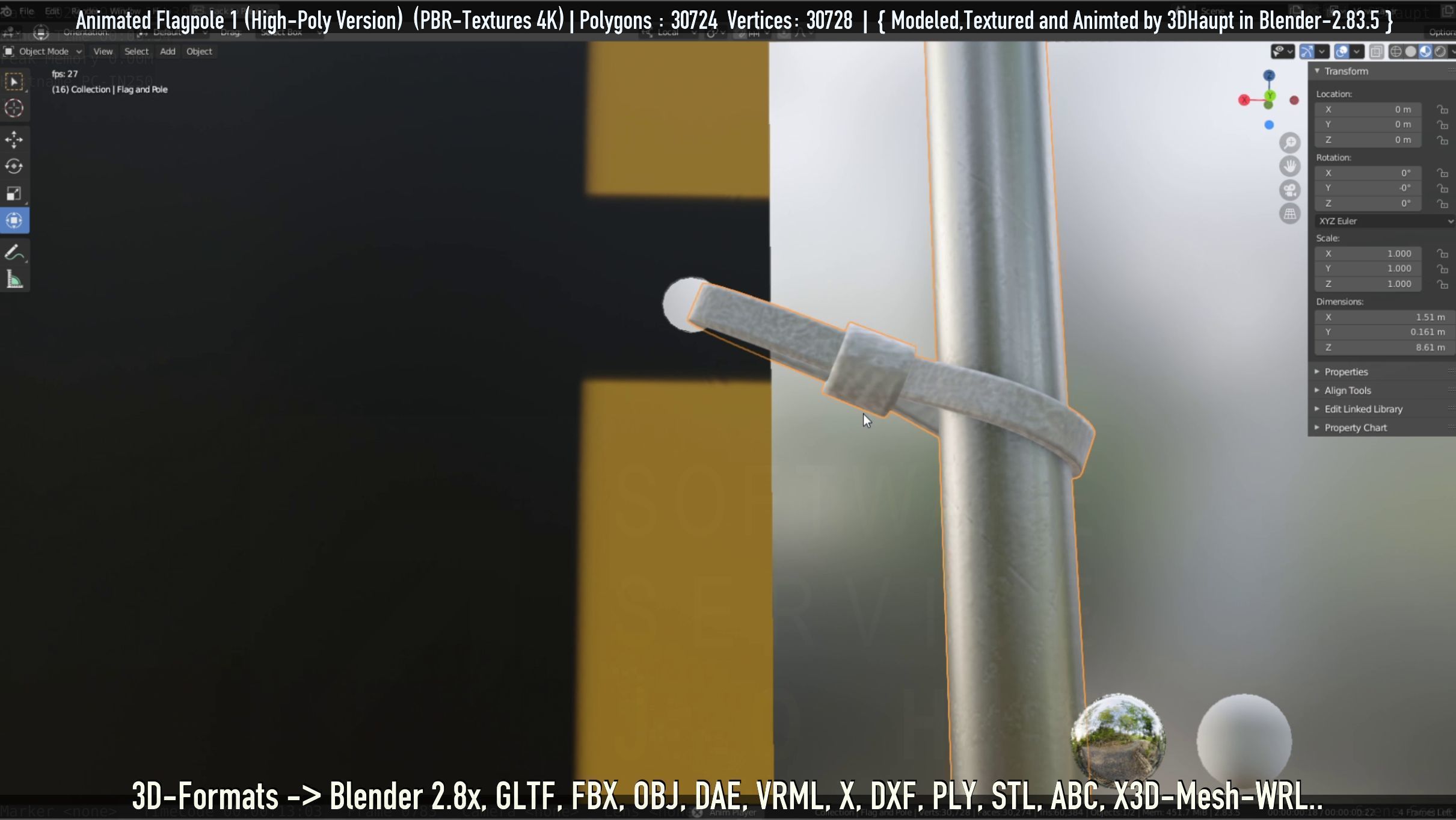 Animated Flag with Pole -1- High-Poly Version 3D model_54