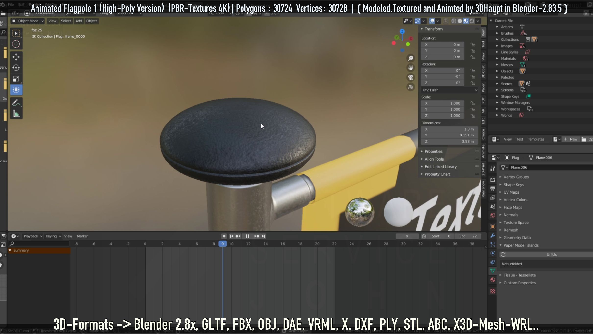 Animated Flag with Pole -1- High-Poly Version 3D model_42