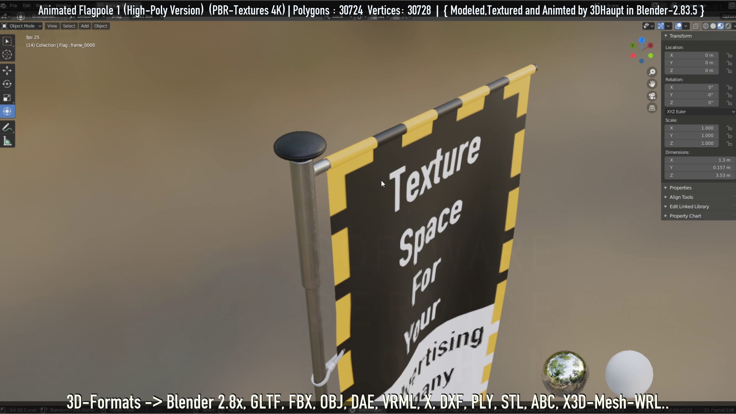 Animated Flag with Pole -1- High-Poly Version 3D model_52