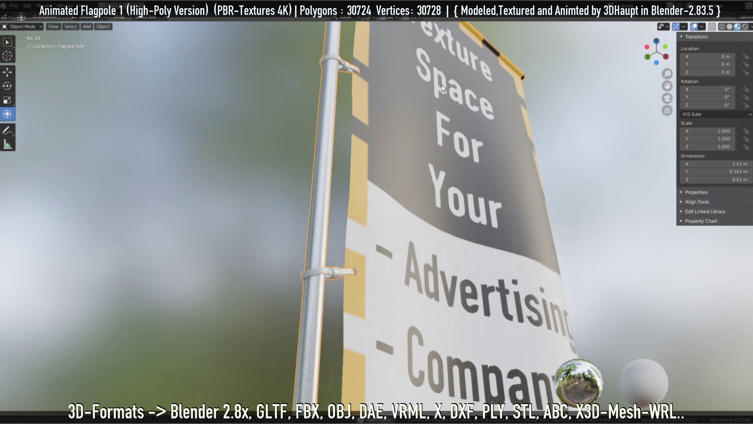 Animated Flag with Pole -1- High-Poly Version 3D model_64