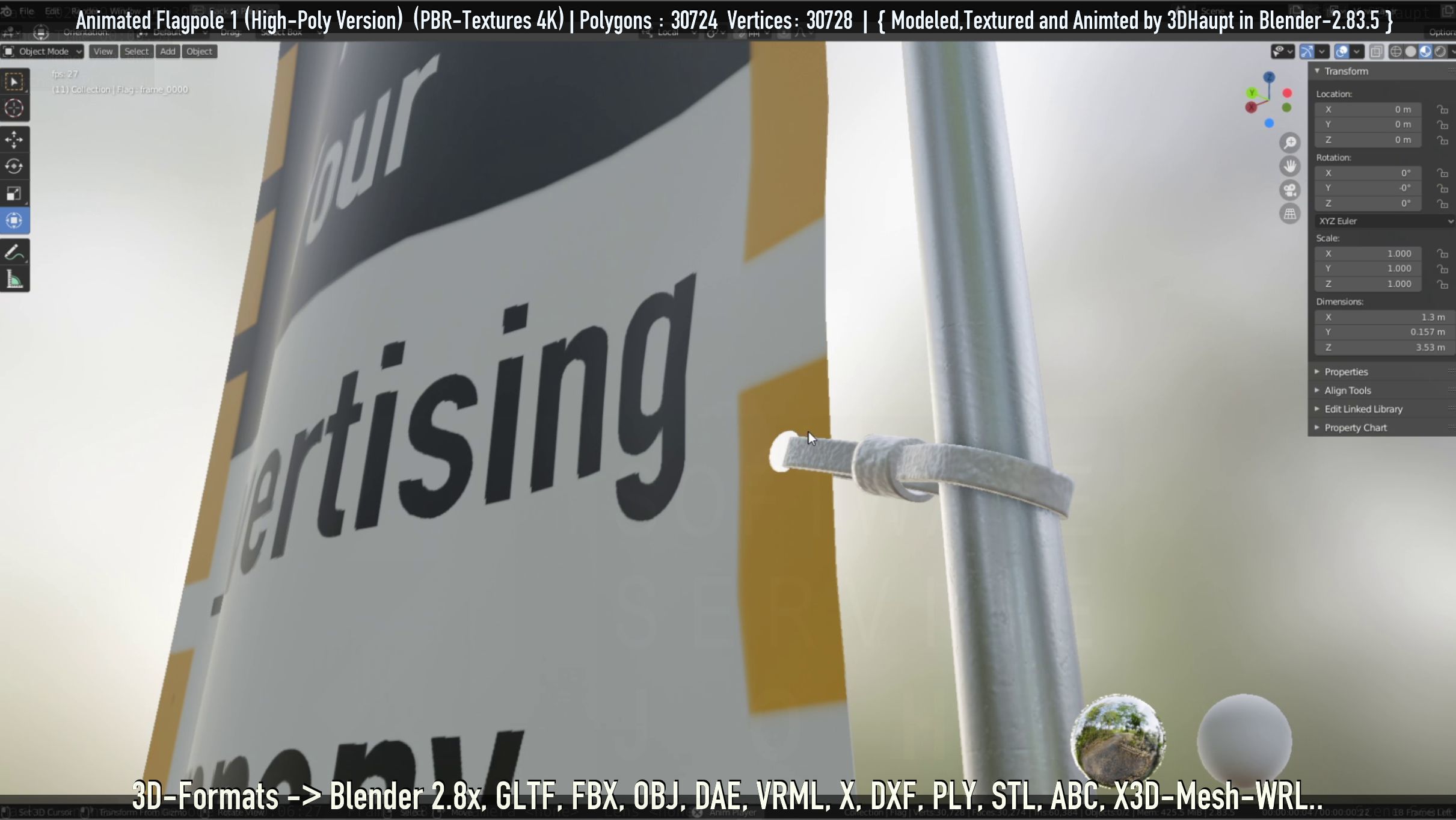 Animated Flag with Pole -1- High-Poly Version 3D model_53