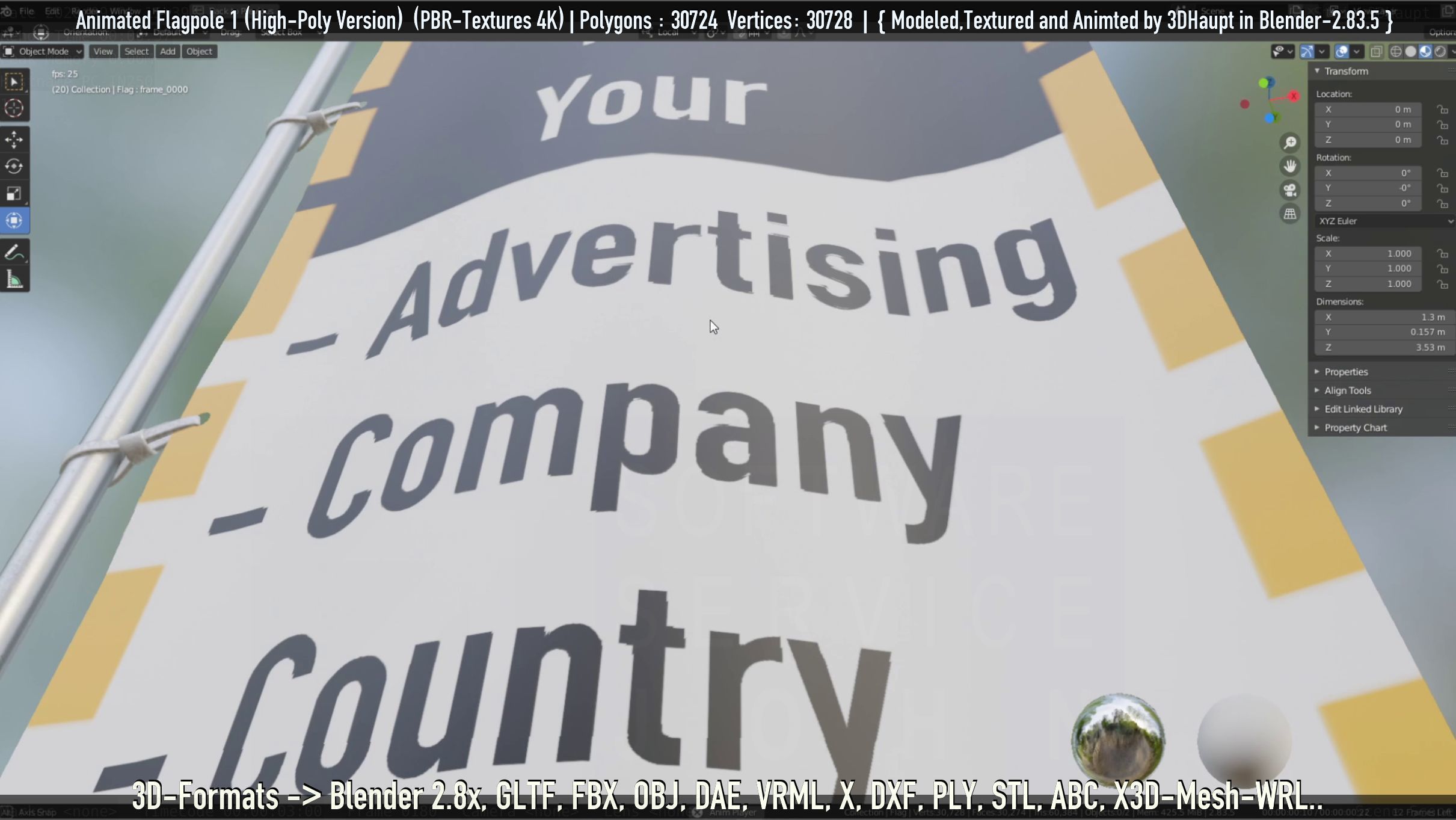 Animated Flag with Pole -1- High-Poly Version 3D model_46