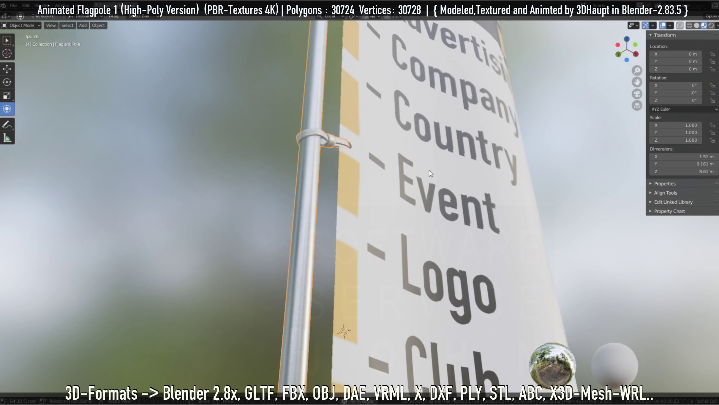 Animated Flag with Pole -1- High-Poly Version 3D model_70