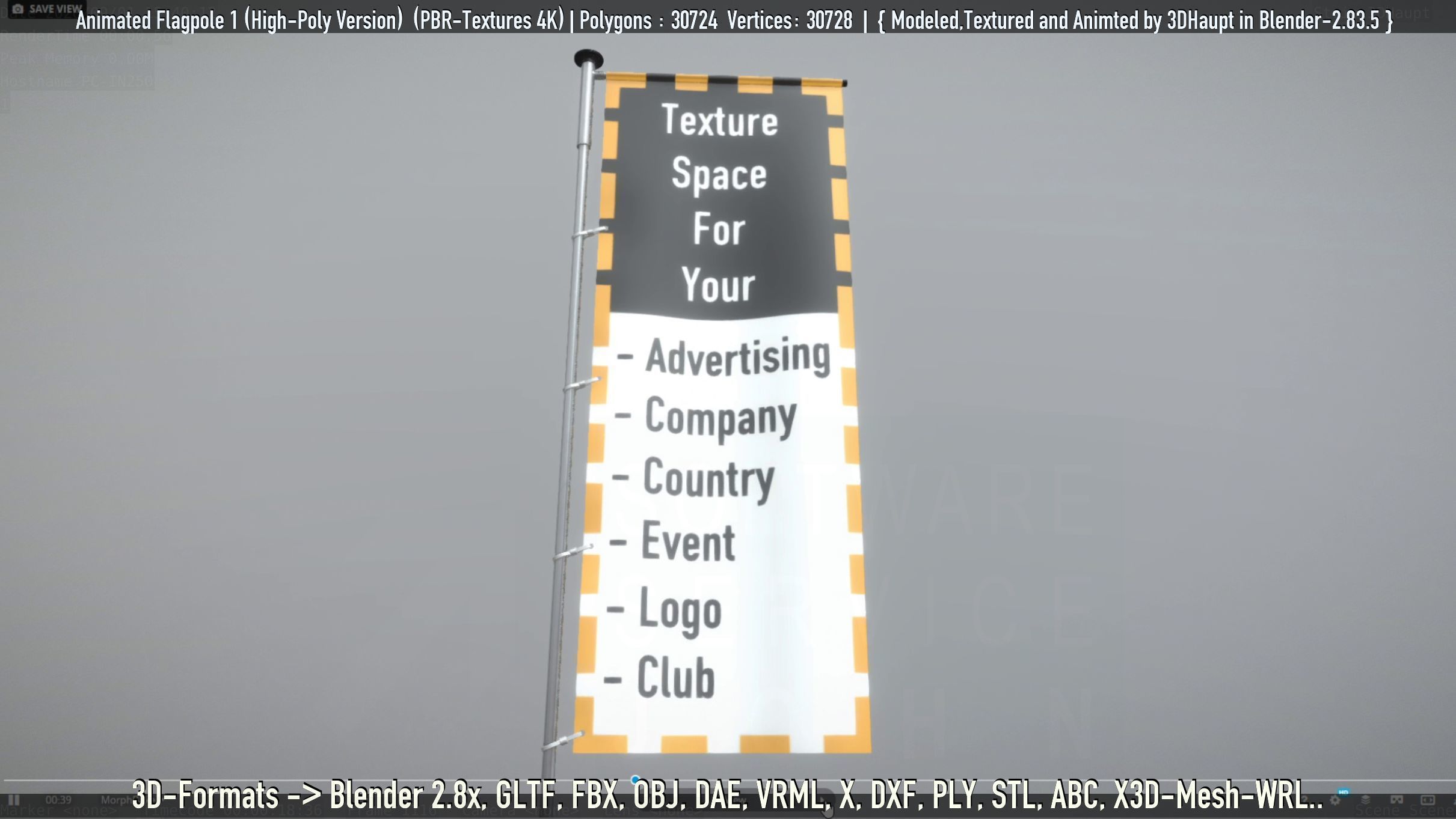 Animated Flag with Pole -1- High-Poly Version 3D model_39