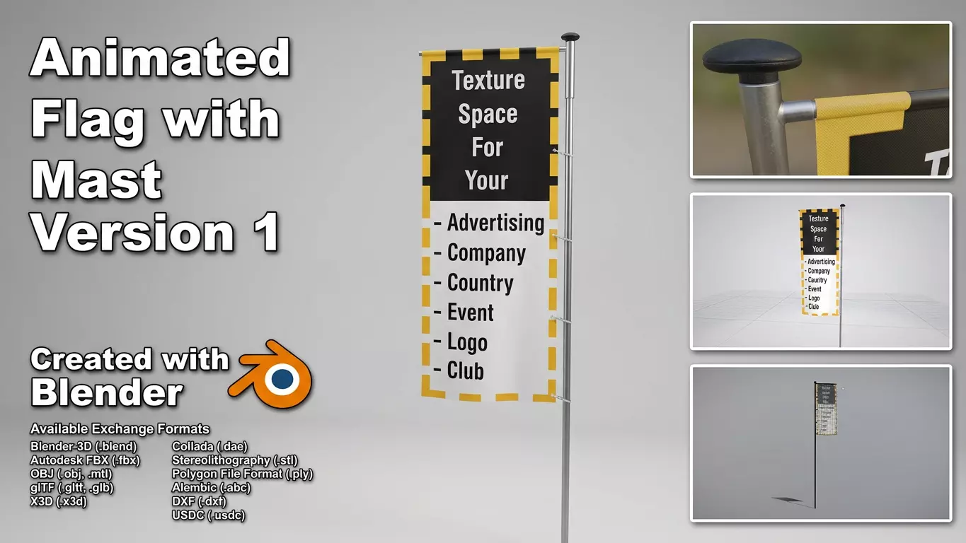 Animated Flag with Pole -1- High-Poly Version 3D model