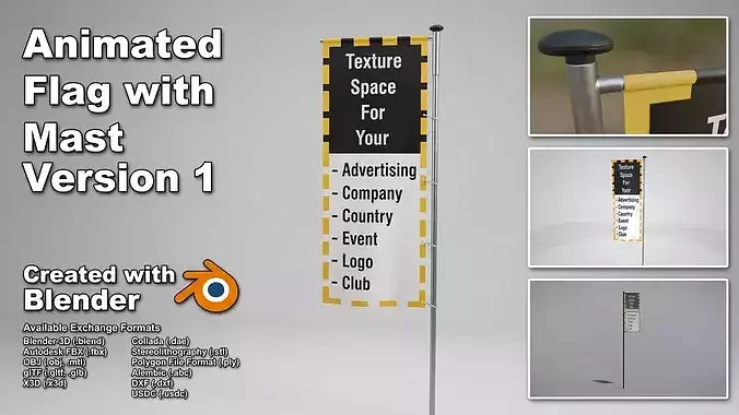 Animated Flag with Pole -1- High-Poly Version