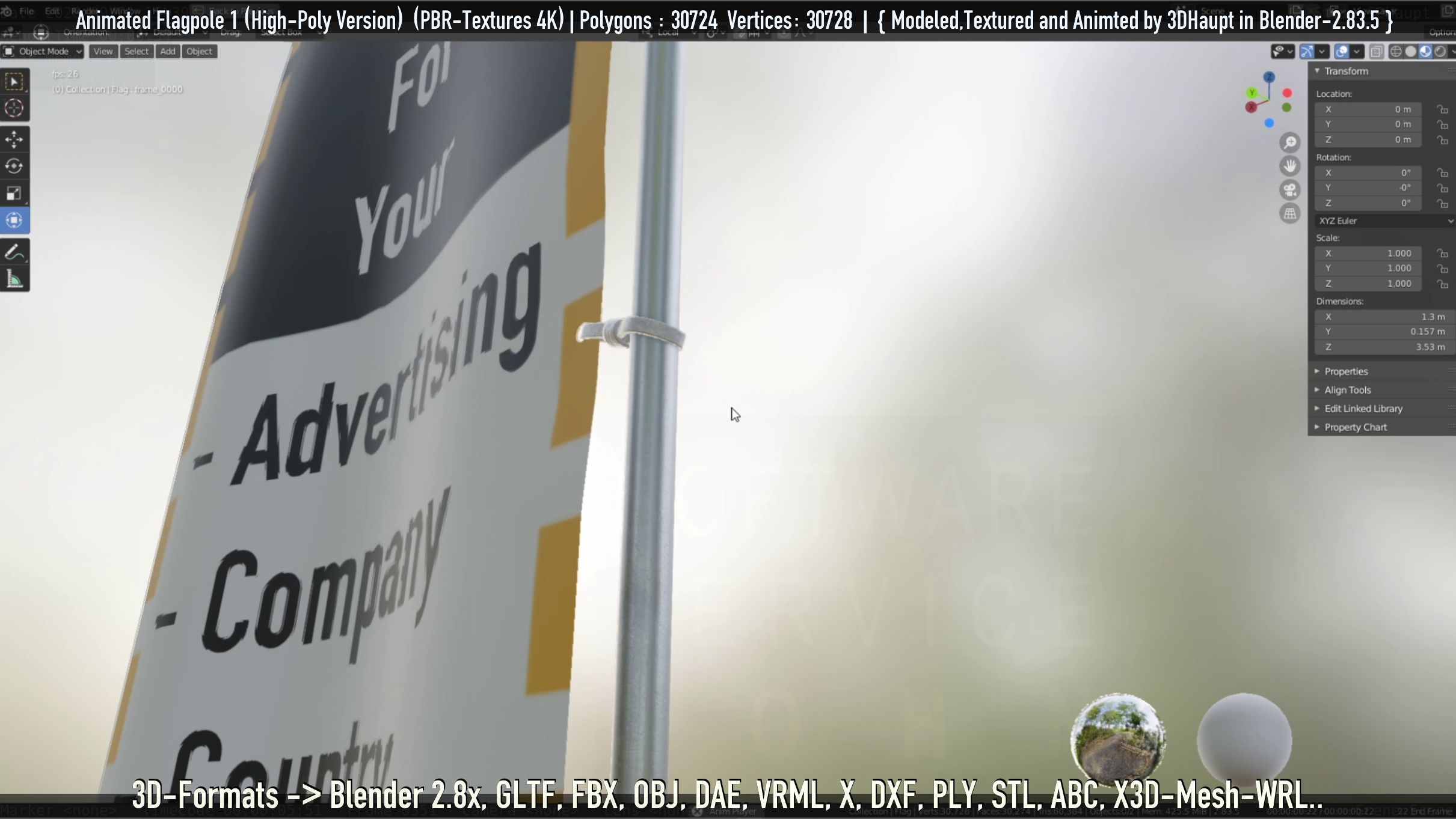 Animated Flag with Pole -1- High-Poly Version 3D model_56