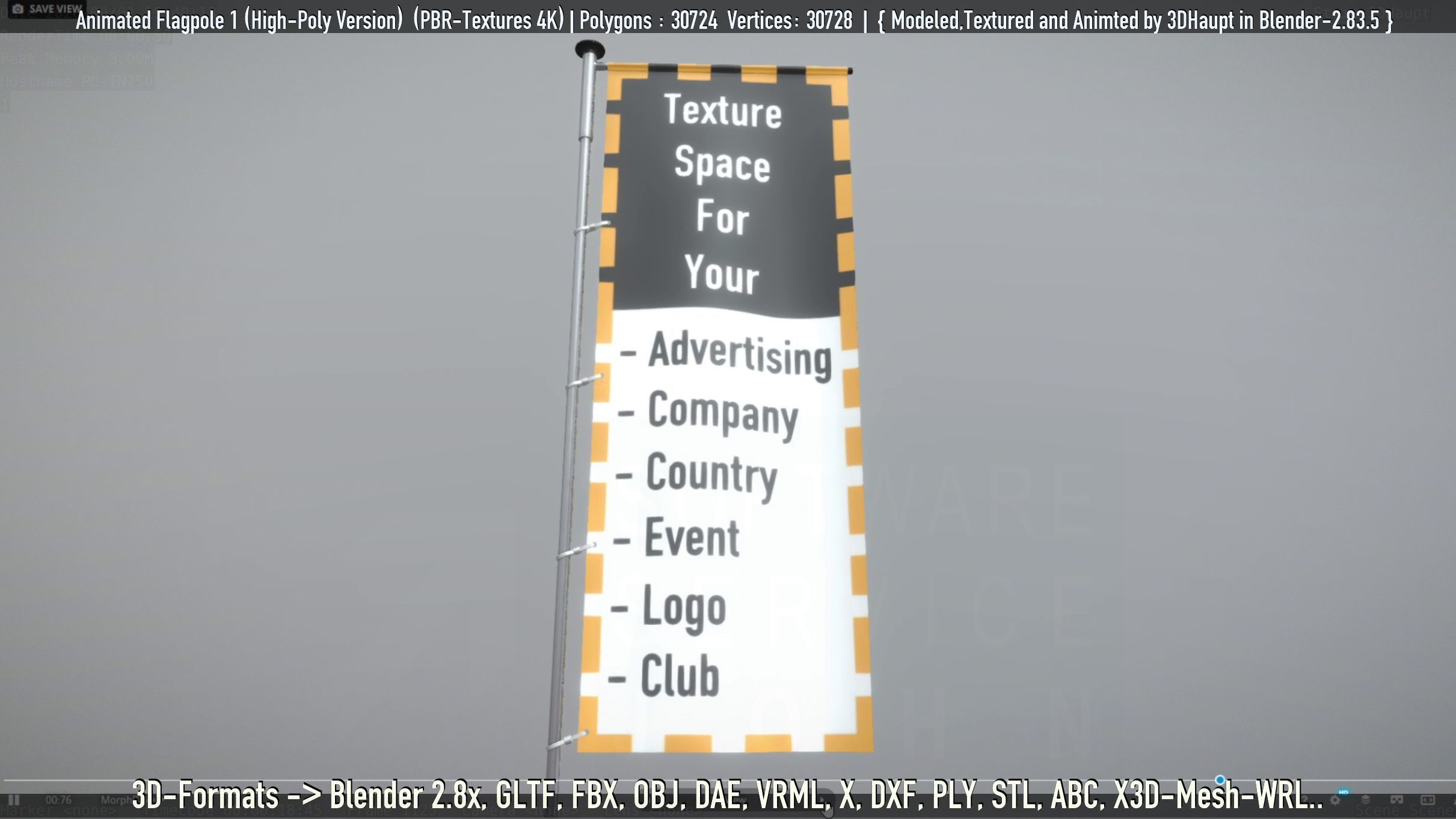 Animated Flag with Pole -1- High-Poly Version 3D model_58