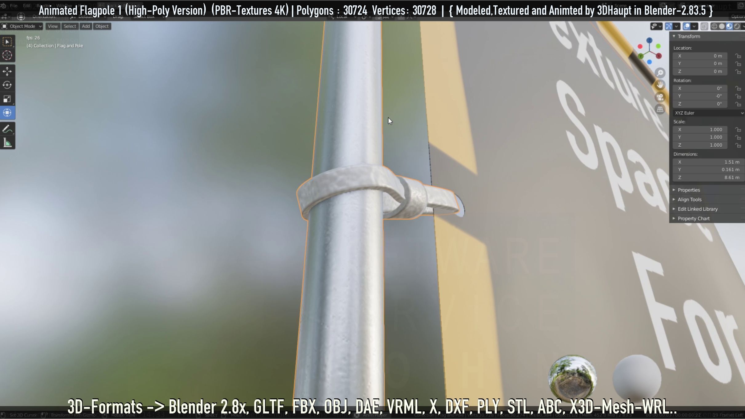 Animated Flag with Pole -1- High-Poly Version 3D model_49