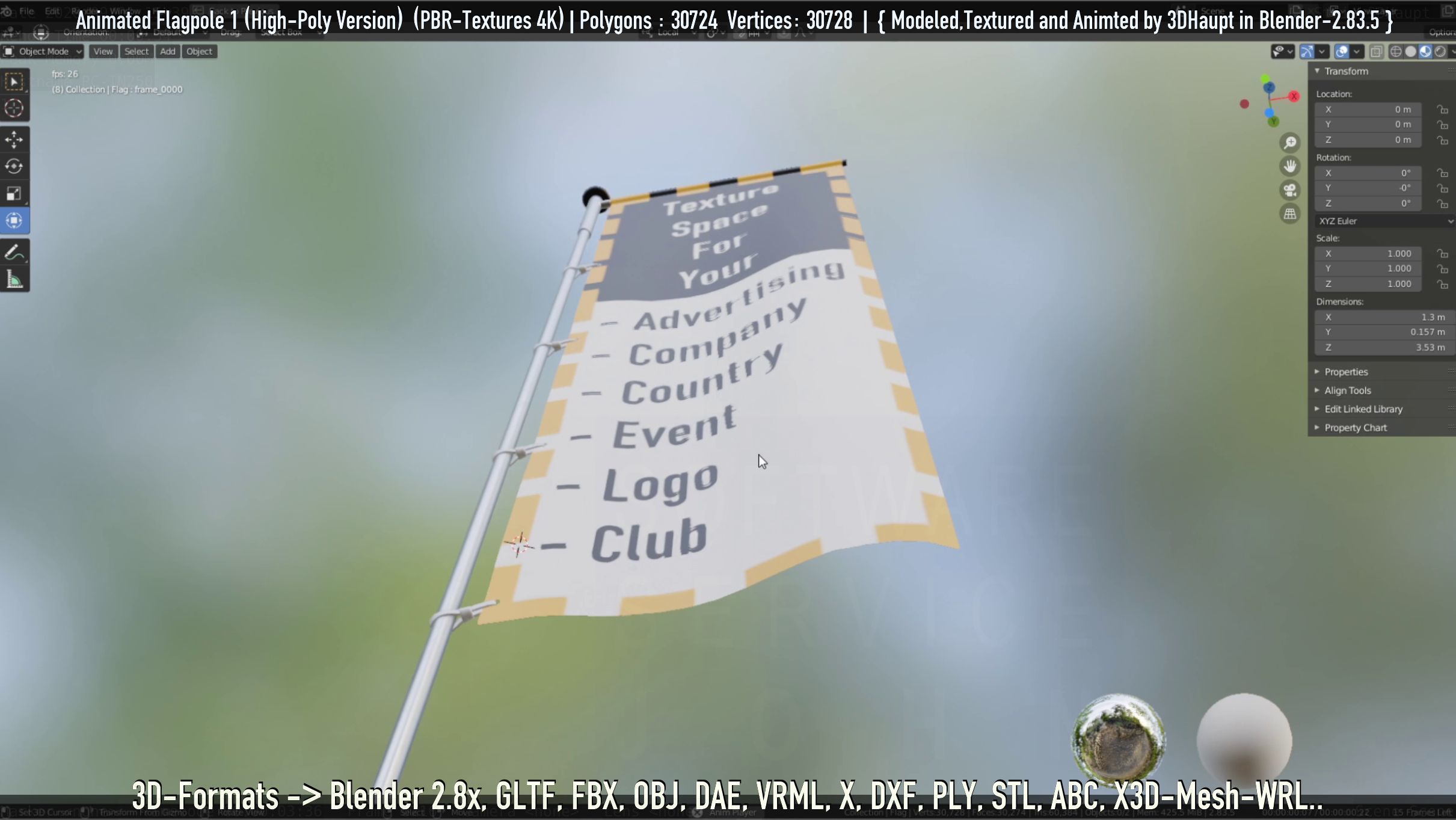 Animated Flag with Pole -1- High-Poly Version 3D model_13