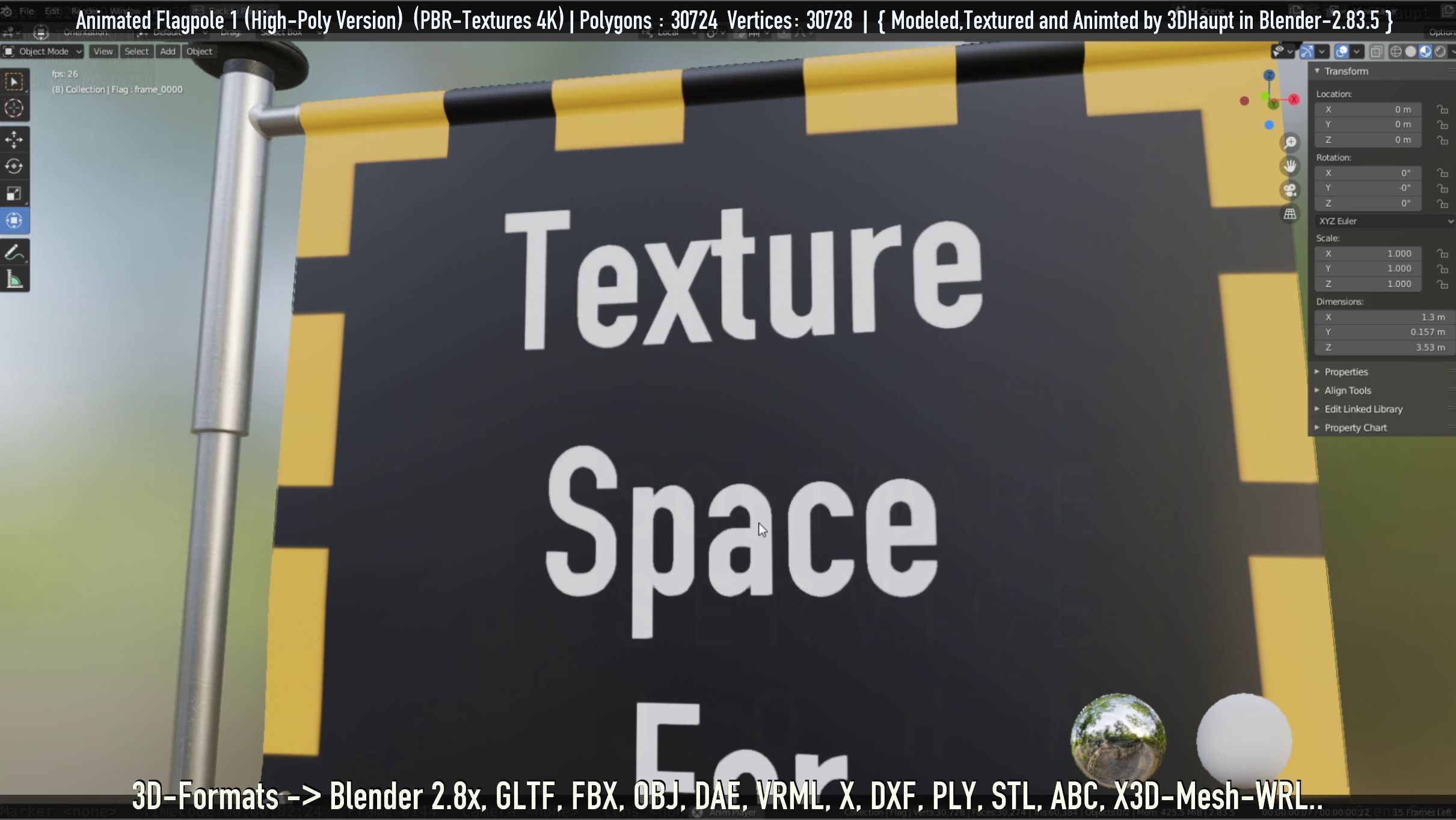 Animated Flag with Pole -1- High-Poly Version 3D model_72