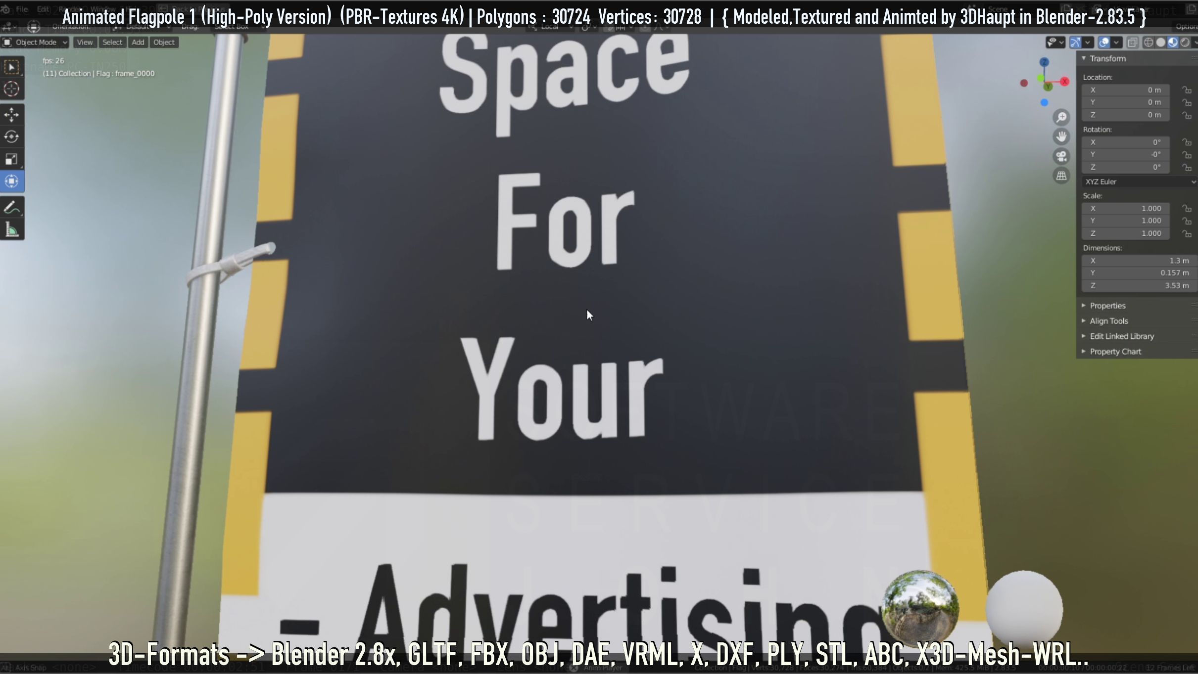 Animated Flag with Pole -1- High-Poly Version 3D model_43