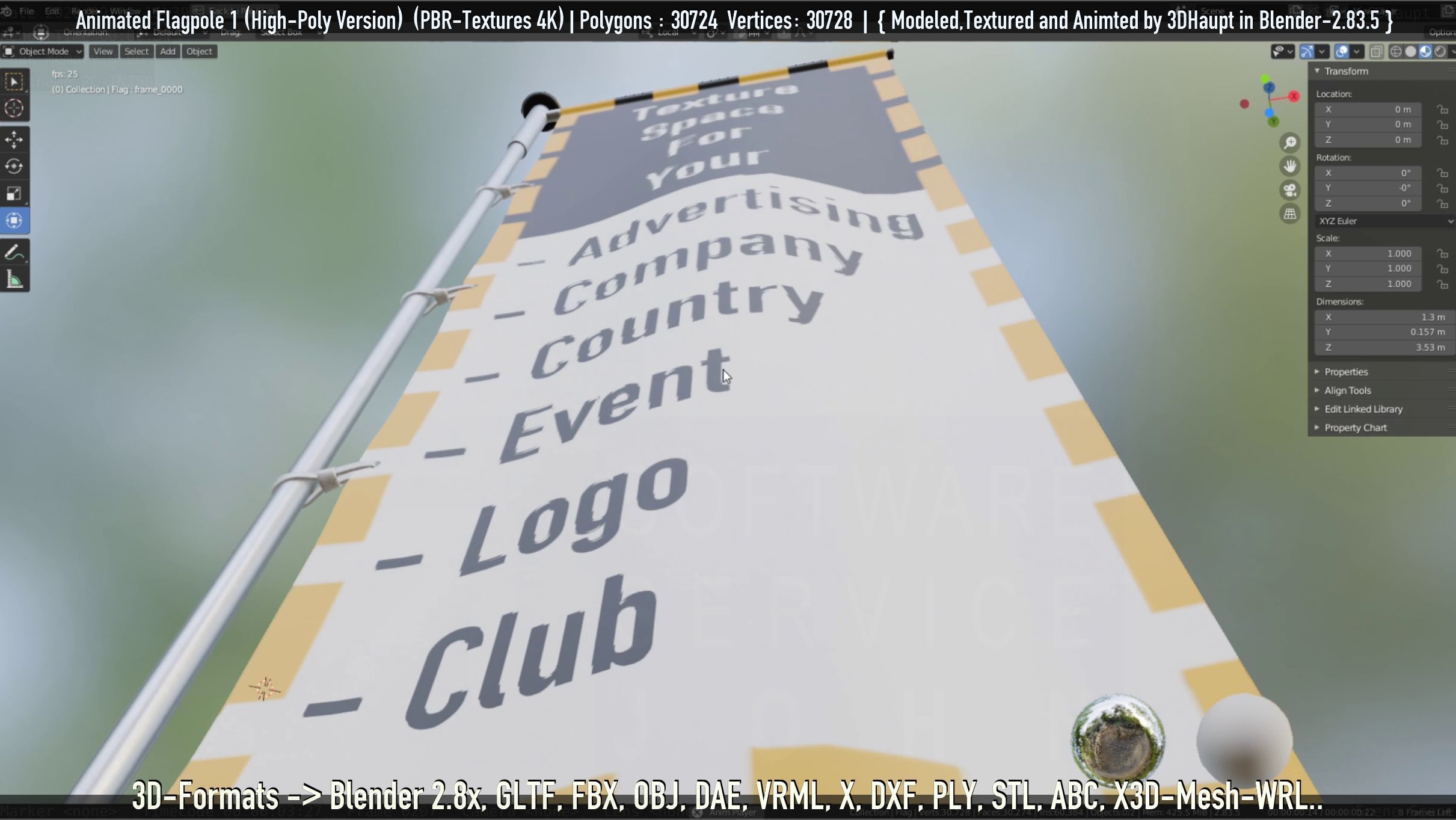 Animated Flag with Pole -1- High-Poly Version 3D model_20