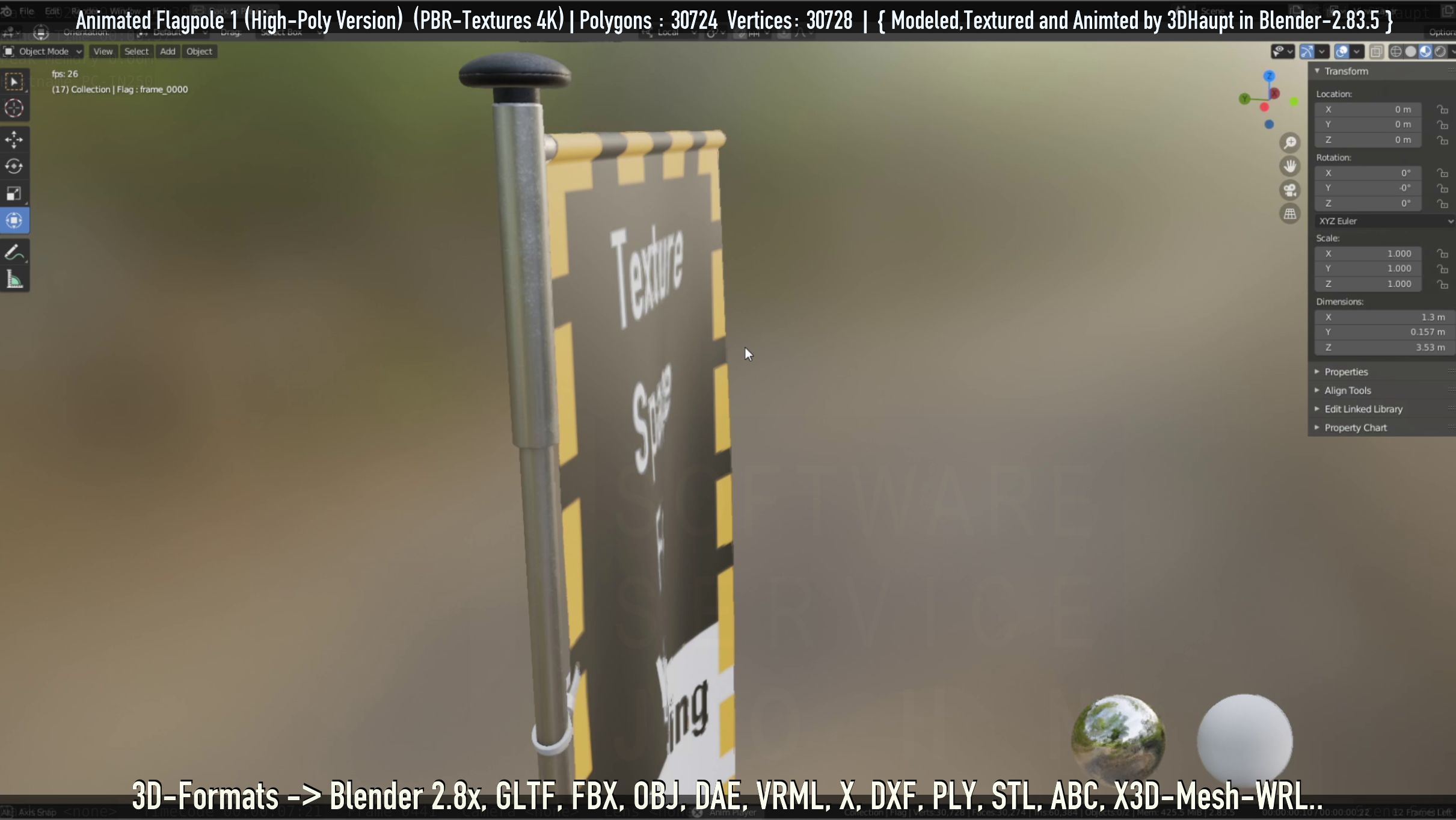 Animated Flag with Pole -1- High-Poly Version 3D model_63