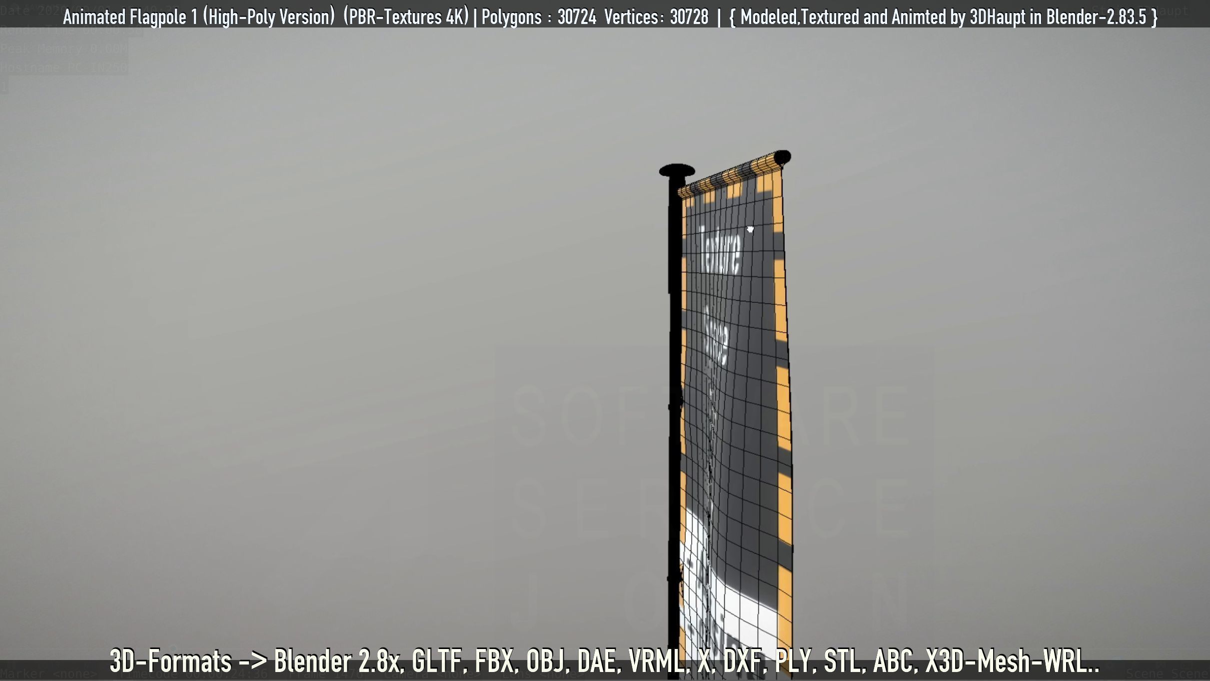 Animated Flag with Pole -1- High-Poly Version 3D model_12