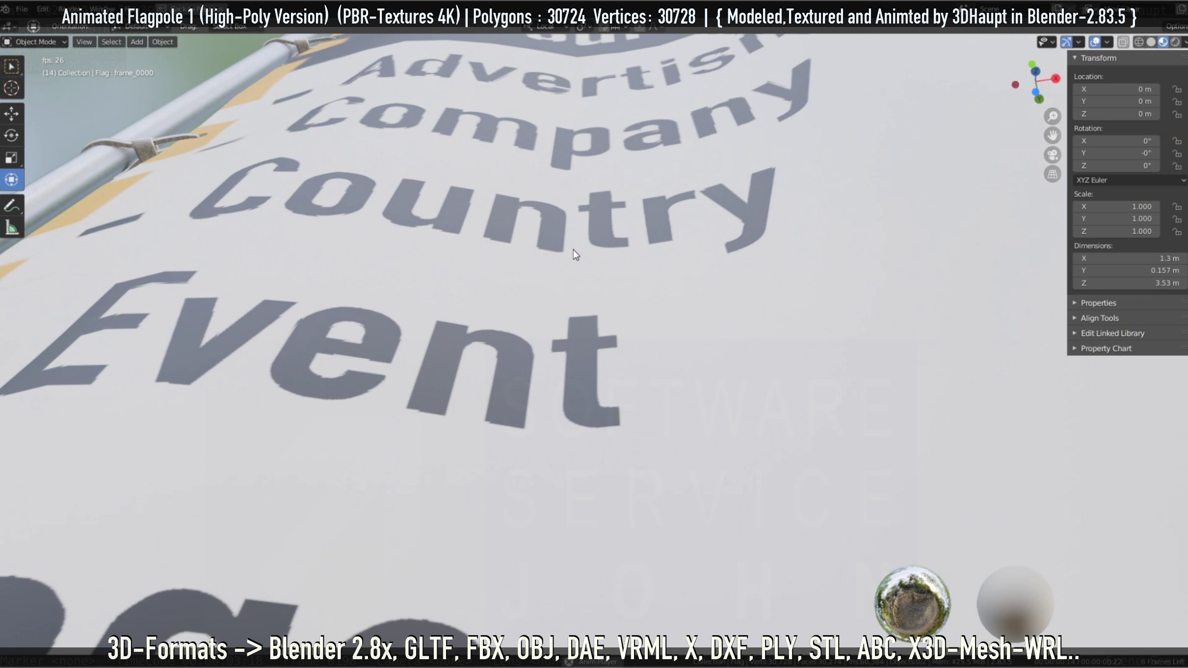 Animated Flag with Pole -1- High-Poly Version 3D model_15