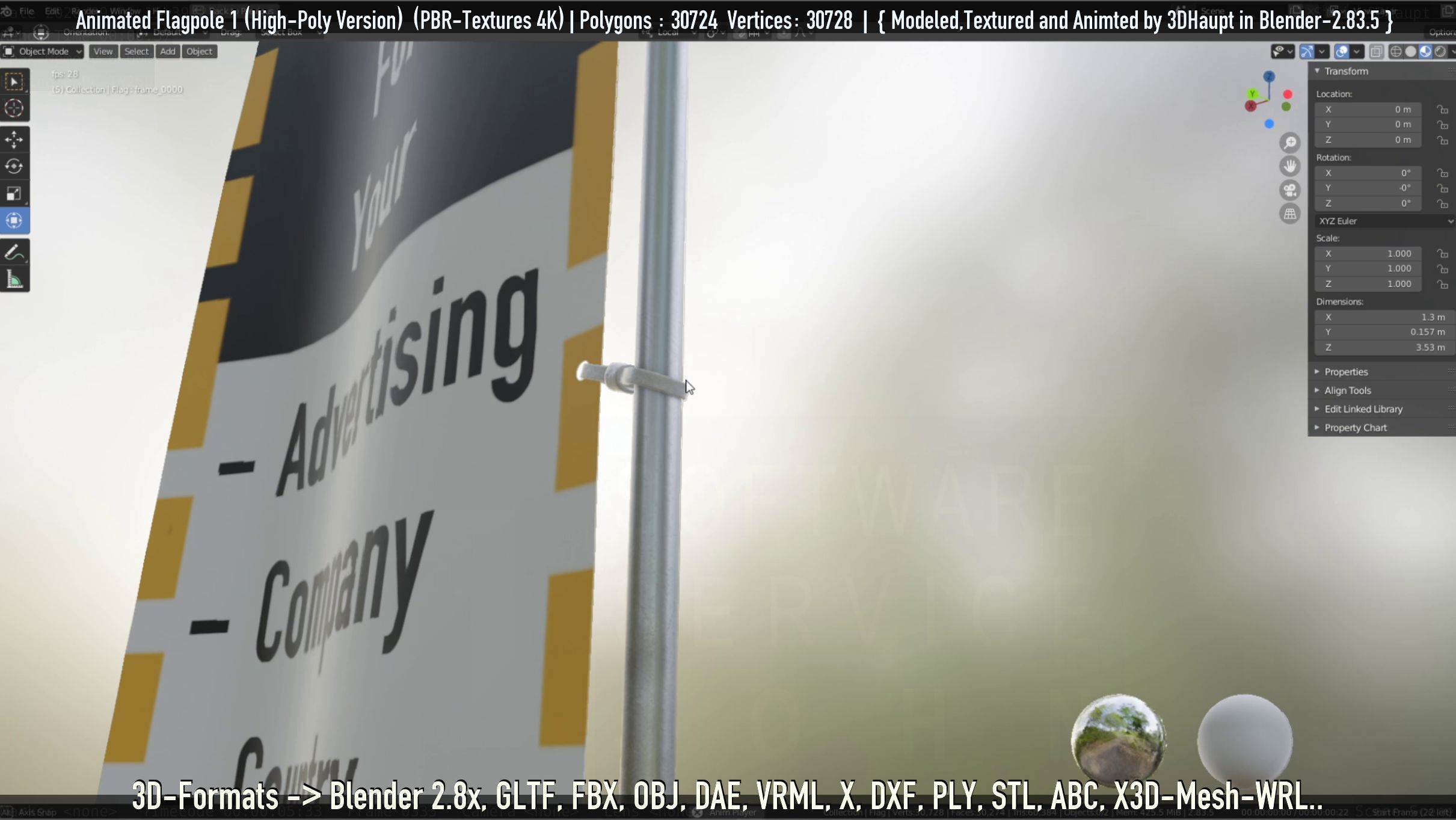 Animated Flag with Pole -1- High-Poly Version 3D model_45