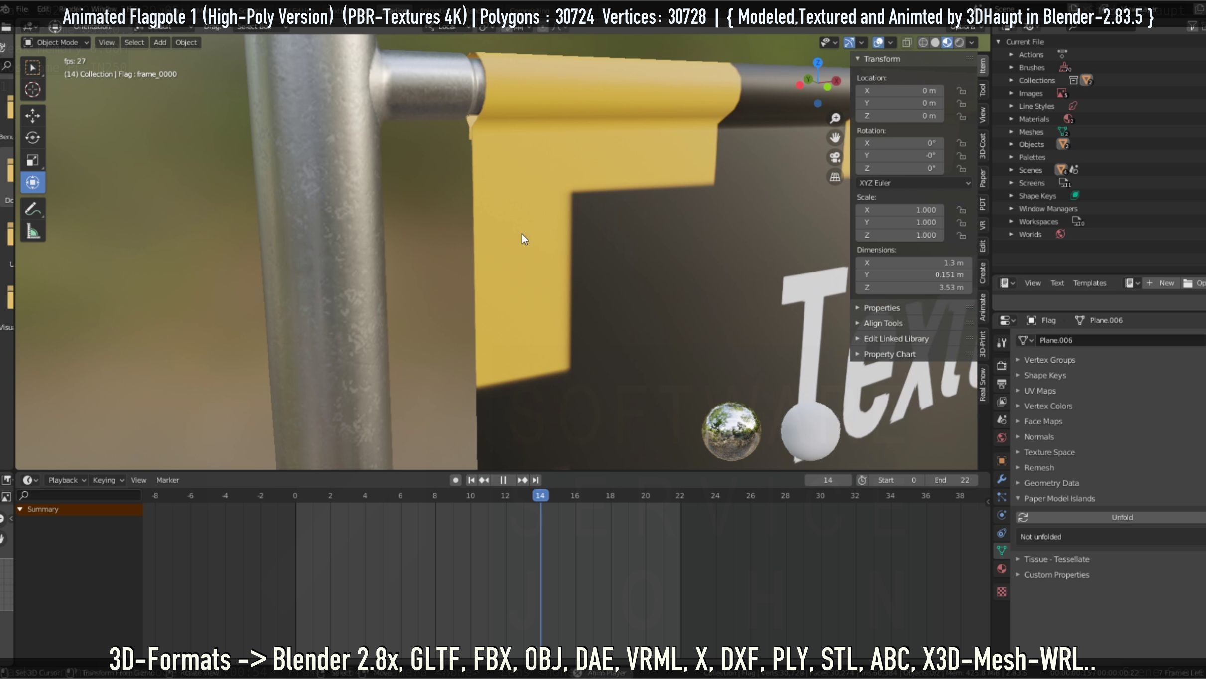 Animated Flag with Pole -1- High-Poly Version 3D model_38
